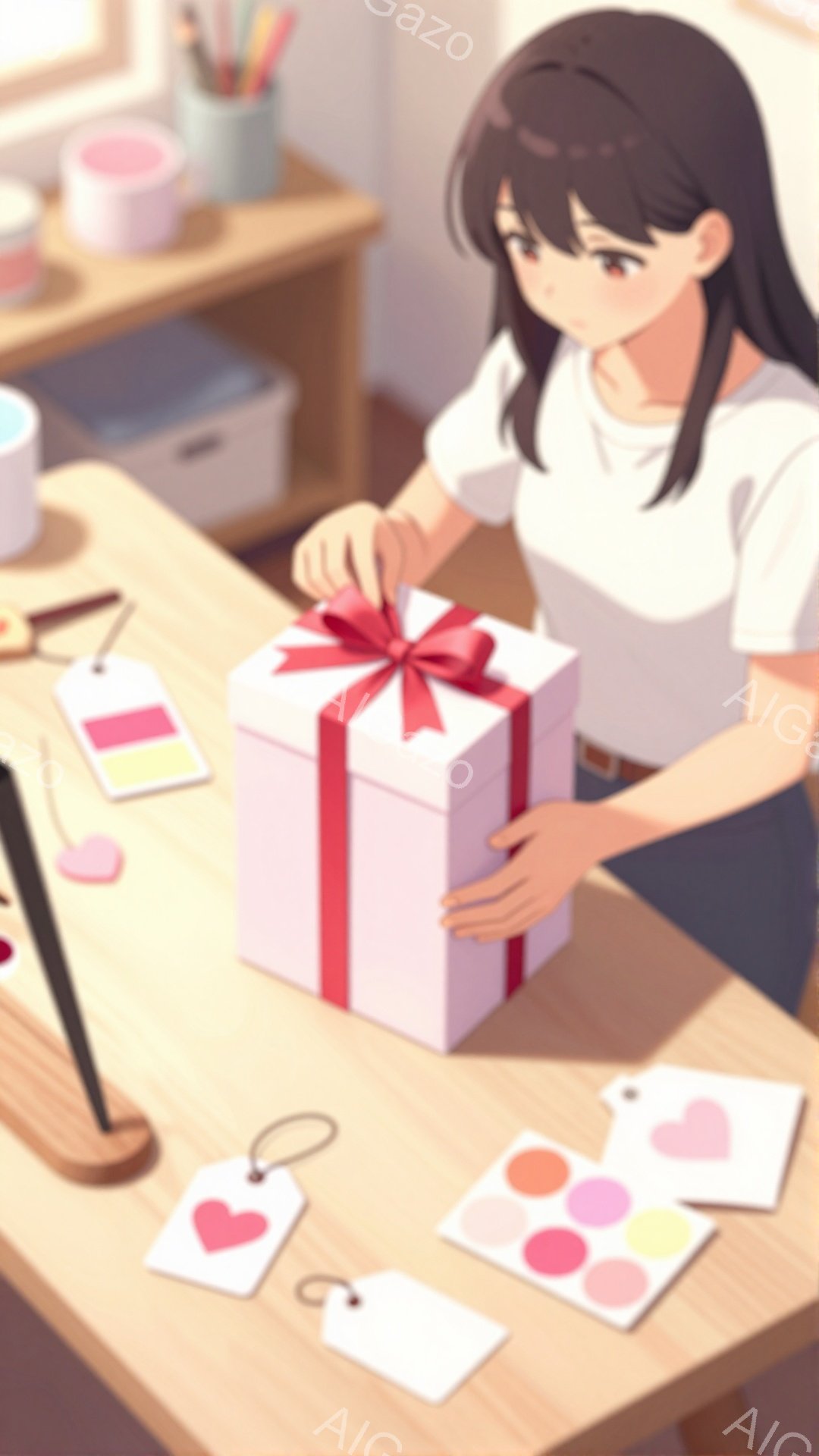 茶髪の女性がギフトボックスに赤いリボンをかけています。彼女は白いTシャツと濃い色のズボンを着用しており、少し微笑んでいます。背景には木製のテーブル、様々な色のハートのステッカー、そして装飾品が置かれて - AI生成フリー素材