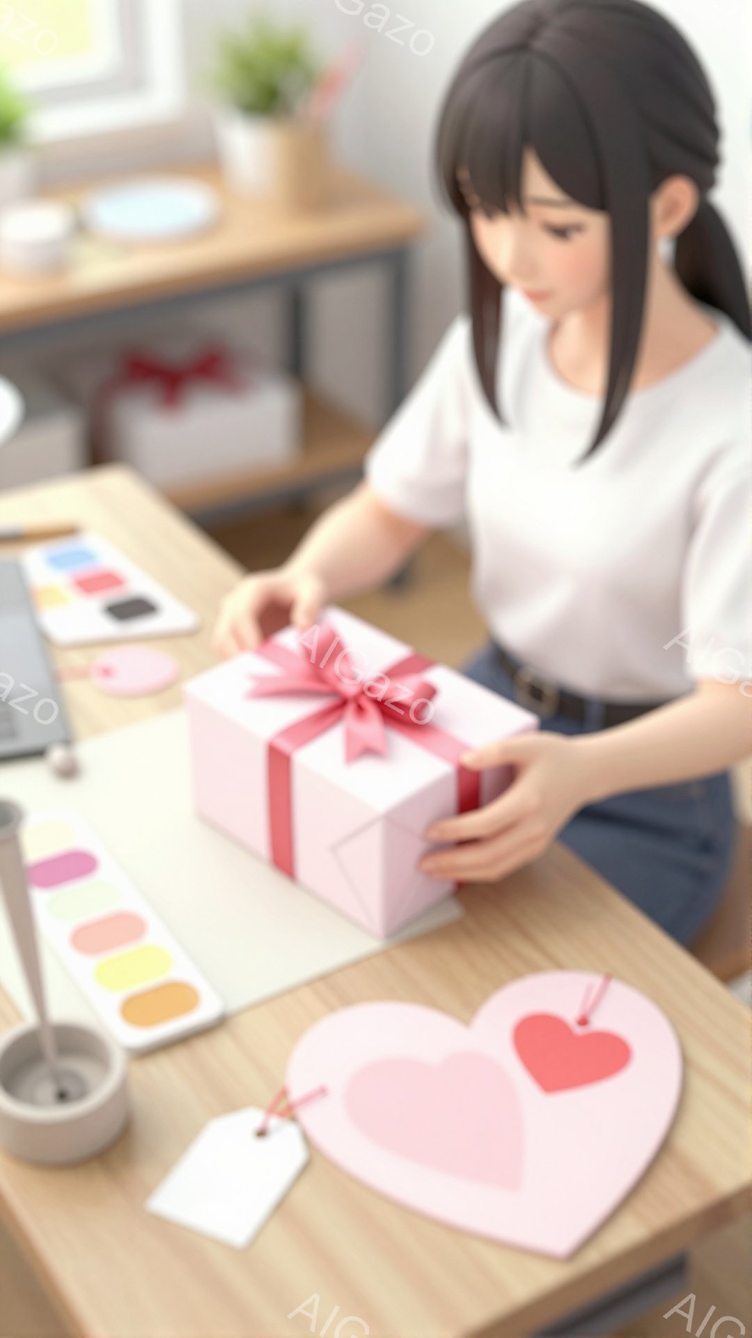 長い黒髪の女性が、ピンク色のギフトボックスにリボンを結んでいます。彼女は白いTシャツとジーンズを着ており、テーブルの上にはギフトタグやハート型の飾りなどが置かれています。背景には棚があり、全体的に温か - AI生成フリー素材