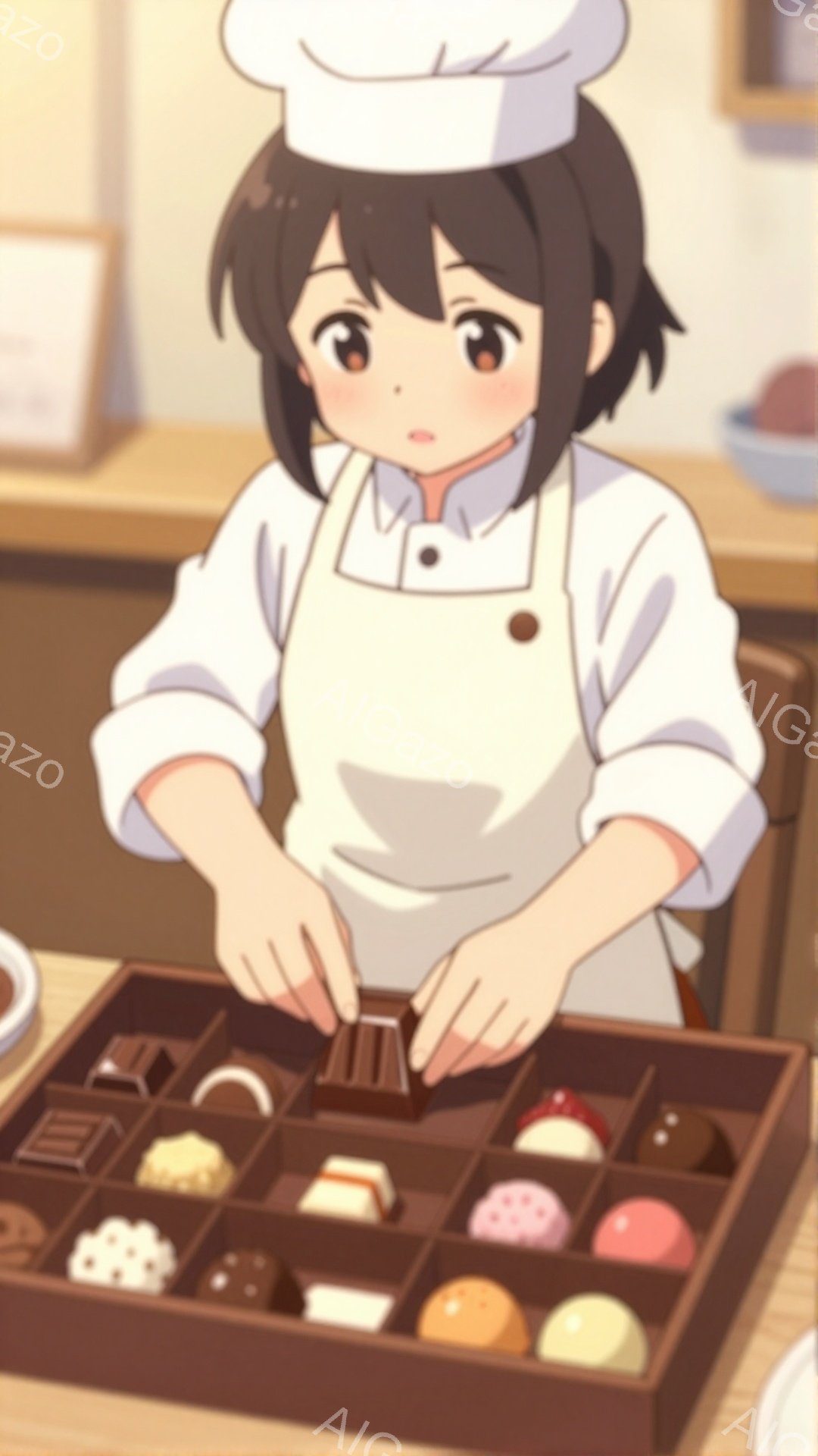 黒髪の女性がコック帽とエプロンを身に着け、チョコレートの詰め合わせが入った箱の前に立っています。彼女は集中した表情で、チョコレートを丁寧に並べようとしています。背景は木製のカウンターと、わずかに見える他のチョコレートで、暖かく穏やかな雰囲気を醸し出しています。