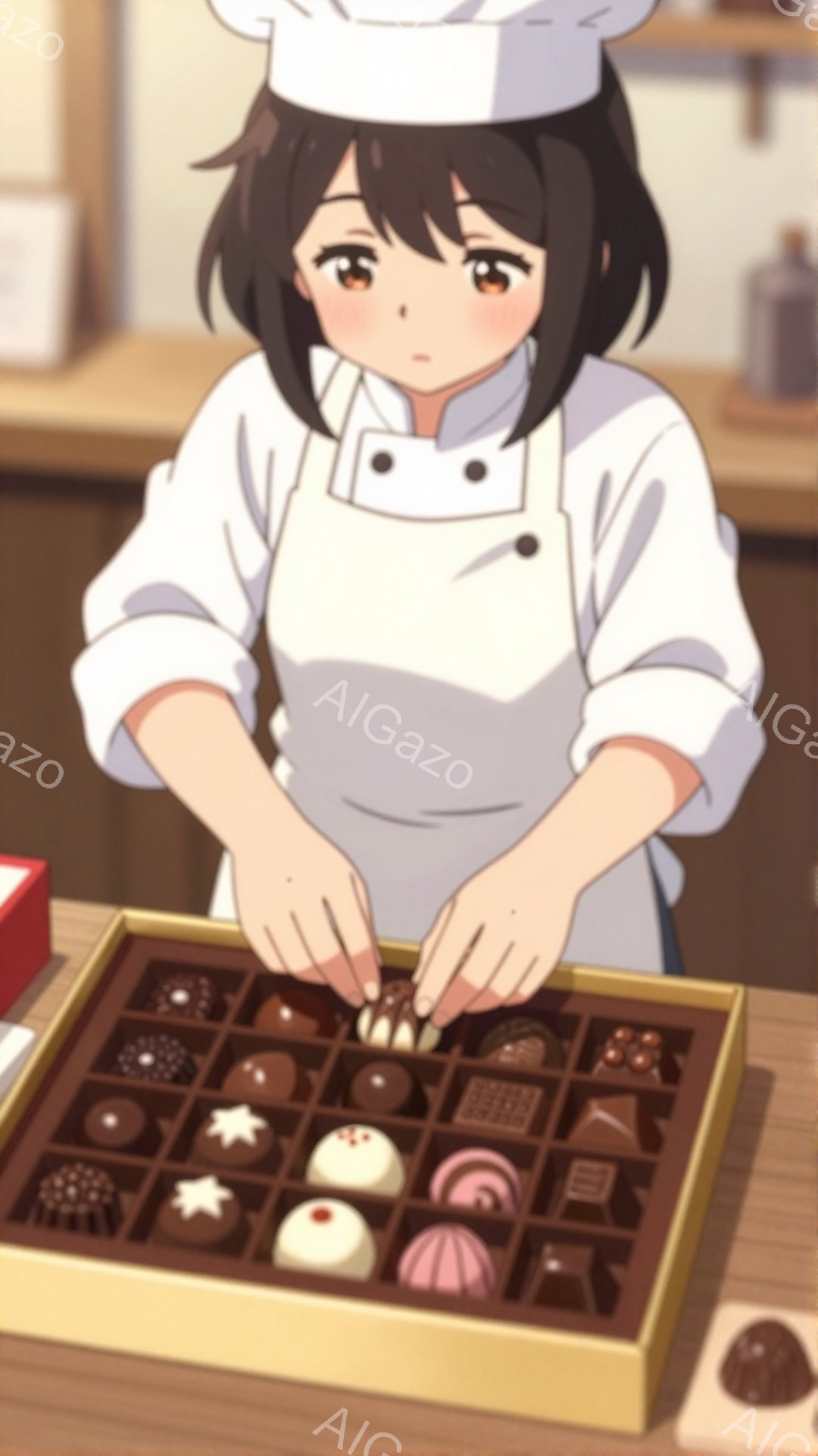 画像には、コック帽を被った若い女性が描かれています。彼女は白いコックコートを着ており、チョコレートが並んだ箱に何かを詰める作業をしています。背景はぼかされていますが、キッチンの一部が見え、温かみのある - AI生成フリー素材