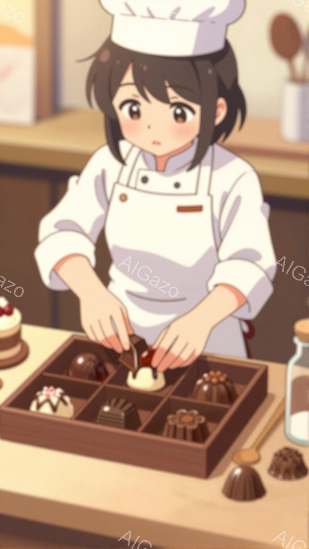 茶髪の女性がコック帽をかぶり、白いコックコートを着ています。彼女は木製のチョコレート箱にチョコレートを配置しており、集中した表情をしています。背景にはケーキや調味料が見え、明るく温かい雰囲気のキッチンの一場面です。