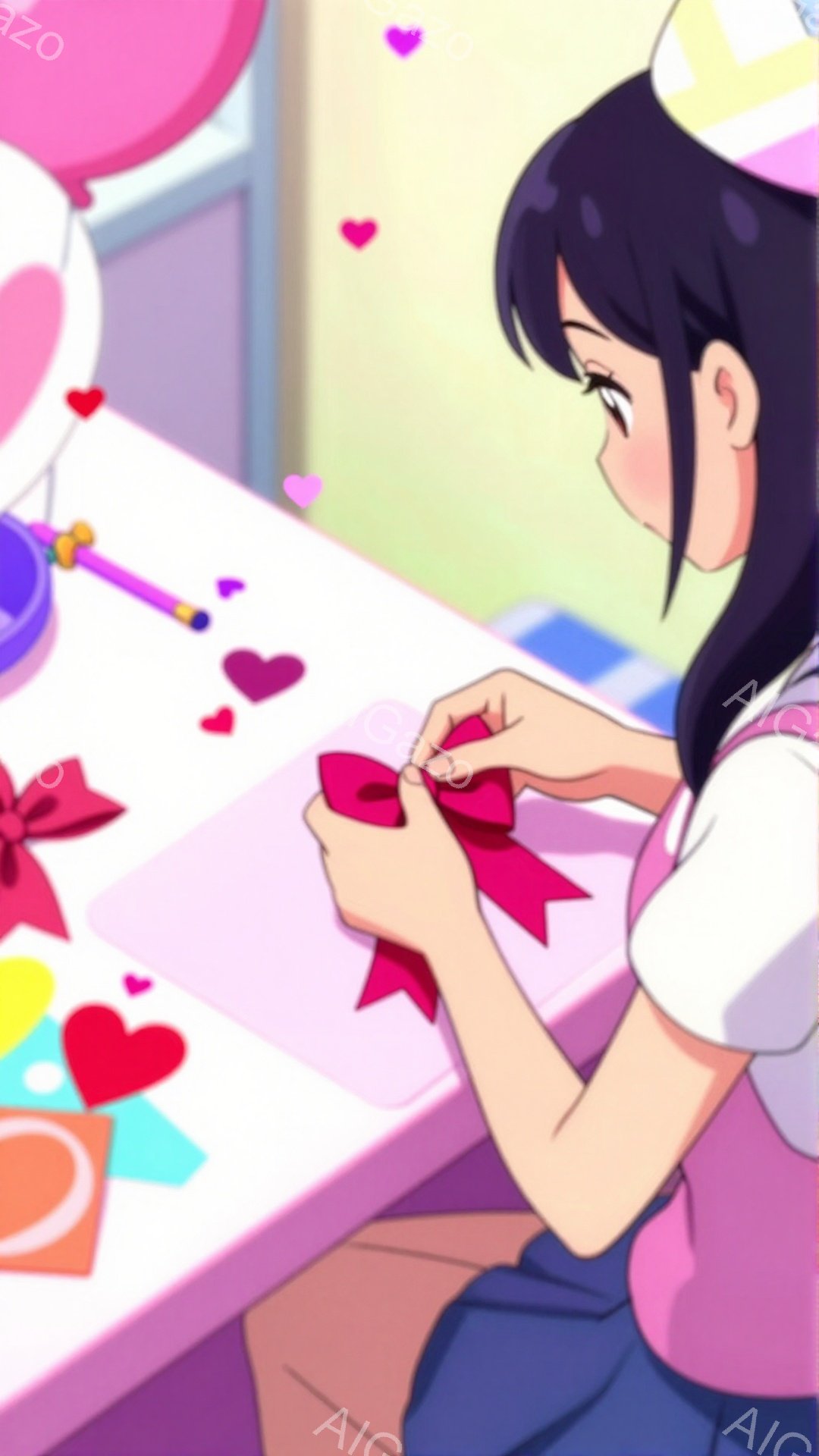 暗い紫色の髪をした少女がピンク色のリボンを手に持っています。彼女は白いブラウスとピンクのエプロン、青いスカートを身に着けており、テーブルに座ってリボンを丁寧に扱っています。背景には、カラフルなハート型の紙やお菓子の箱があり、明るくお祝いムードの漂う空間です。