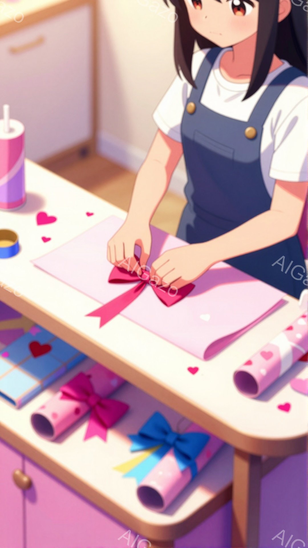 ピンク色のキャビネットと木製のテーブルの上で、少女がプレゼントをラッピングしている様子が描かれています。彼女は白いTシャツにエプロンを身につけ、髪は短く、ラッピング作業に集中した表情をしています。背景には、ピンクと水色のラッピングペーパーやリボンが散りばめられており、暖かく、優しい雰囲気を醸し出しています。
