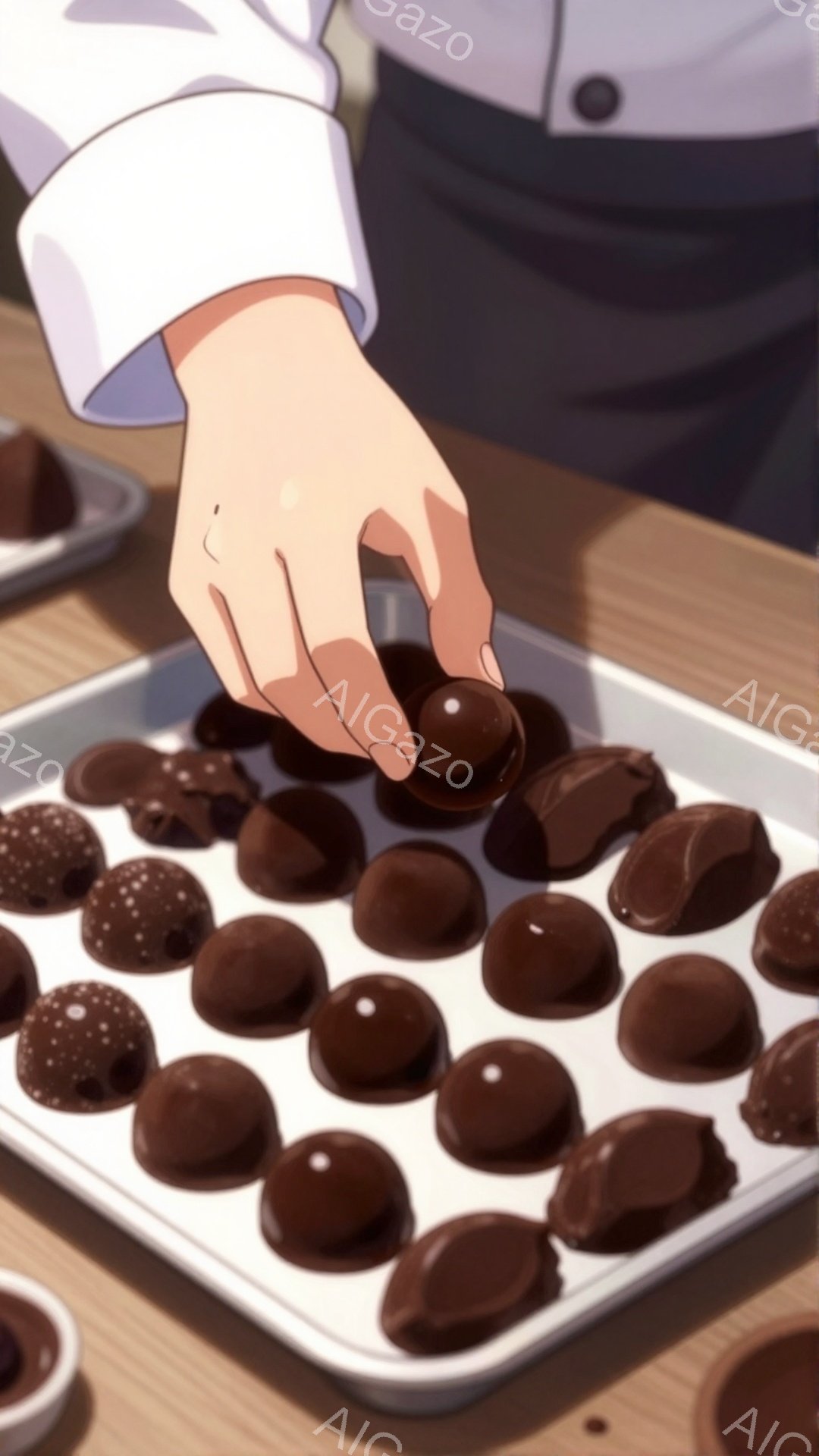 作業台には、様々な種類のチョコレートが整然と並べられています。白いコックコートを着た人物の手が、その中の一つを手に取ろうとしており、集中した様子が伺えます。背景はぼかされており、チョコレートの精巧なディテールと手元の作業に焦点が当てられています。