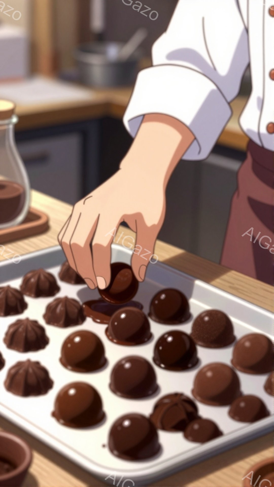 チョコレートが並んだ天板の上で、誰かがチョコレートを一つ手に取ろうとしている様子が描かれている。背景にはステンレス製の調理台や調理器具が見え、プロの厨房のような雰囲気である。全体的に暖色系の照明が使われ、チョコレートの光沢が際立っている。