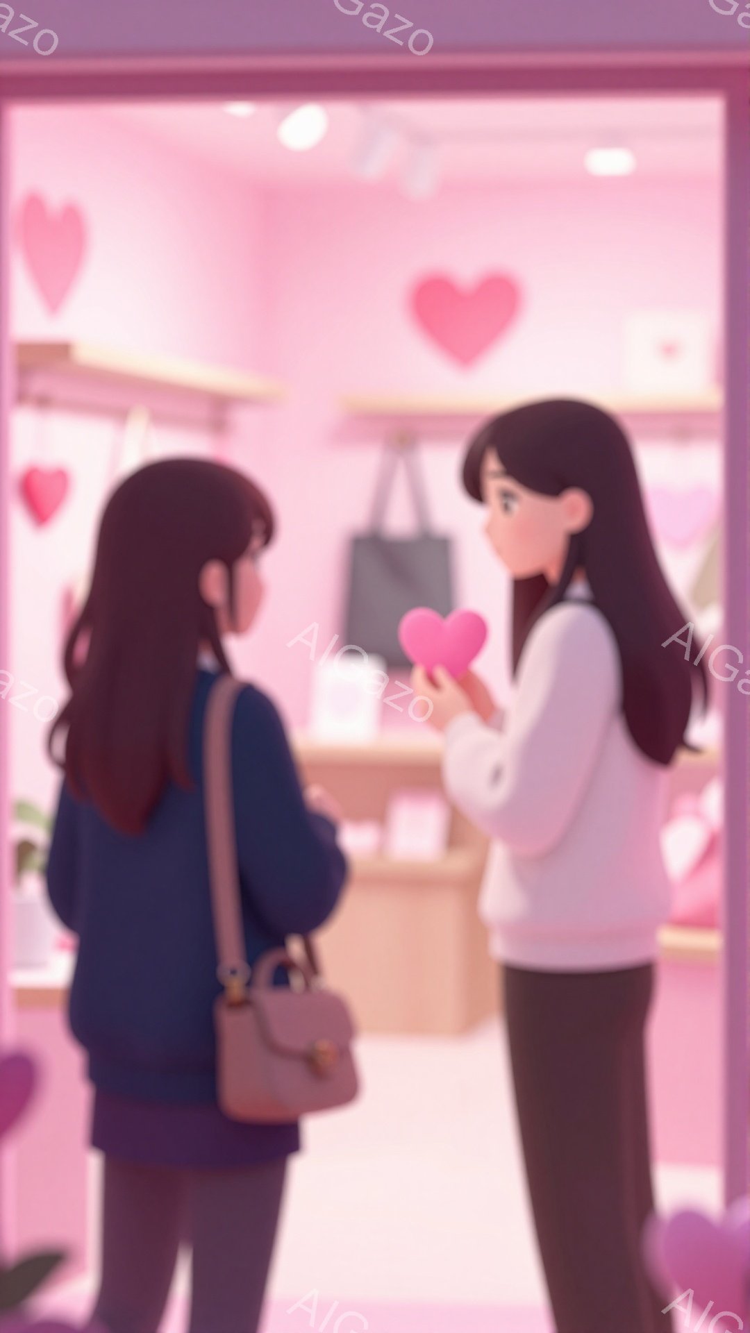長い黒髪の女性が、ピンク色のハート型のキャンディを別の女性に差し出しています。ピンクのハート型の風船が背景に浮かび、店内のようですが、背景は淡いピンク色でぼやけており、春のバレンタインデーのような暖かい雰囲気が漂っています。2人の女性は共にカジュアルな服装で、片方の女性は肩にバッグをかけています。