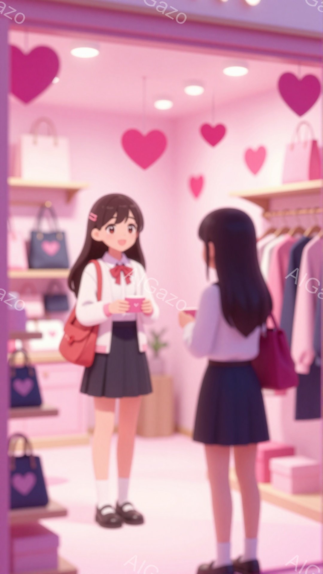 画像は、ピンク色の背景の店内で、制服を着た若い女性が描かれています。彼女は黒髪で、短い前髪があり、赤いリボンをつけており、制服は白いシャツ、黒いスカート、そして赤いネクタイとカーディガンで構成されてい - AI生成フリー素材