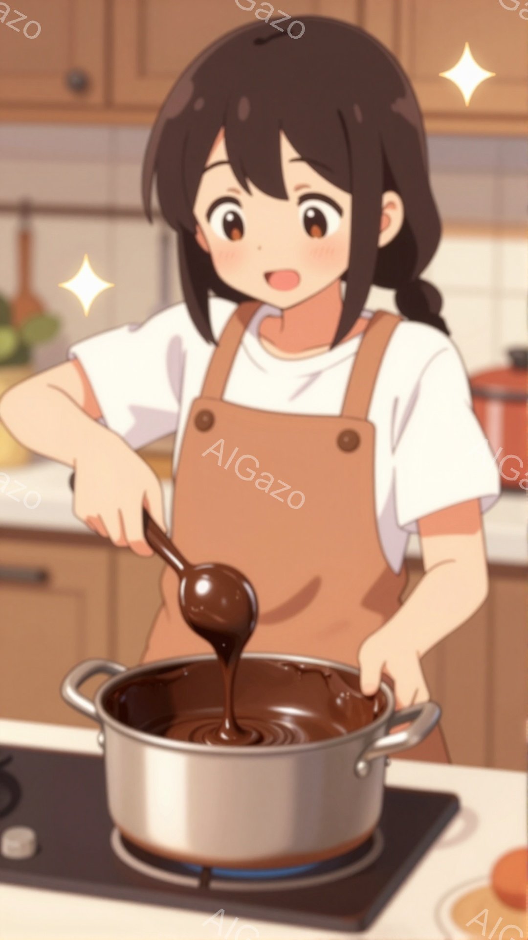 茶髪の少女がエプロンをつけてキッチンで料理をしている。鍋の中のチョコレートソースをスプーンでかき混ぜており、嬉しそうな表情をしている。背景には木製のキャビネットや調理器具が見え、温かくて家庭的な雰囲気が漂っている。
