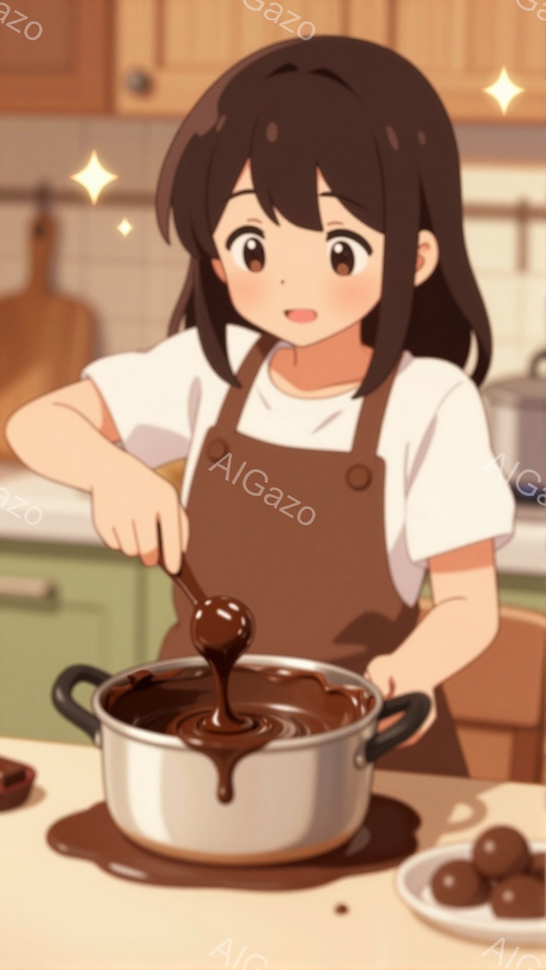 茶色の髪の少女がエプロンをつけて、鍋の中のチョコレートを混ぜています。彼女は明るい表情で、キッチンで楽しそうに料理をしている様子が伺えます。背景には木製のキャビネットとカウンターがあり、温かく家庭的な雰囲気が漂っています。