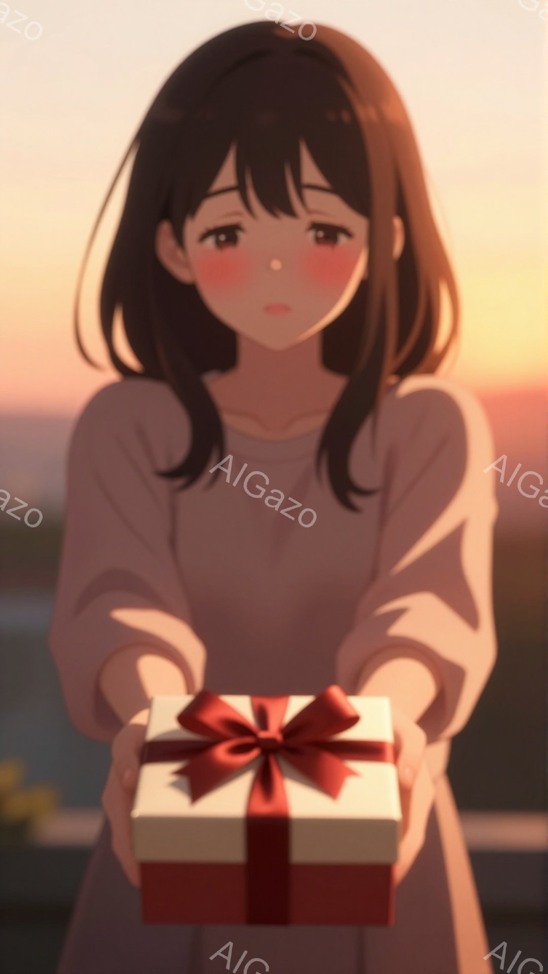 長い黒髪に前髪がぱっつんとなった女性が、両手を前に伸ばして白いギフトボックスを赤いリボンと共に差し出している。彼女は薄いピンク色のニットのような服を着ており、少し照れたような表情をしている。背景は夕焼けのようなオレンジ色の空と、ぼやけた都市の風景で、温かくロマンチックな雰囲気を醸し出している。