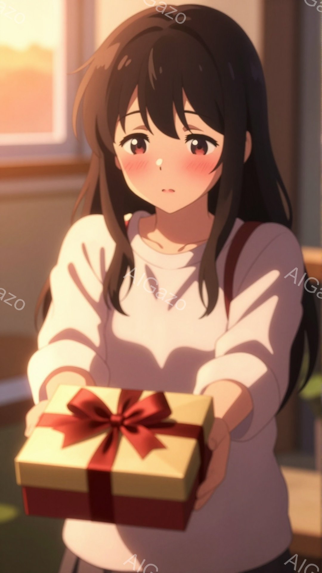 黒髪の少女が、赤いリボンで結ばれた黄色のプレゼントを両手で差し出している。白いセーターとスカート姿で、少し照れたような表情をしている。背景は暖色系の光に染まり、室内からの優しい光が差し込んでいるため、 - AI生成フリー素材