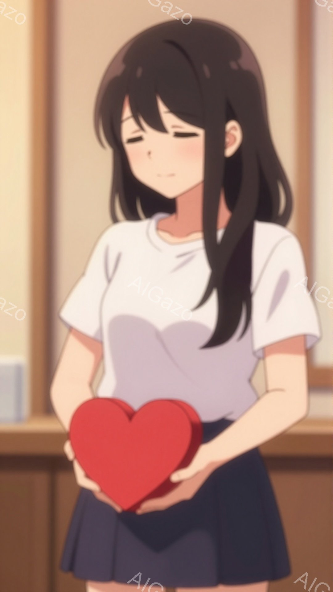 黒髪の少女が、赤いハート型の箱を両手で抱えています。白いTシャツに紺色のスカートを着用し、少し微笑んだ表情をしています。背景はぼかされており、木製の壁と窓枠が見え、暖かく優しい雰囲気を醸し出しています - AI生成フリー素材