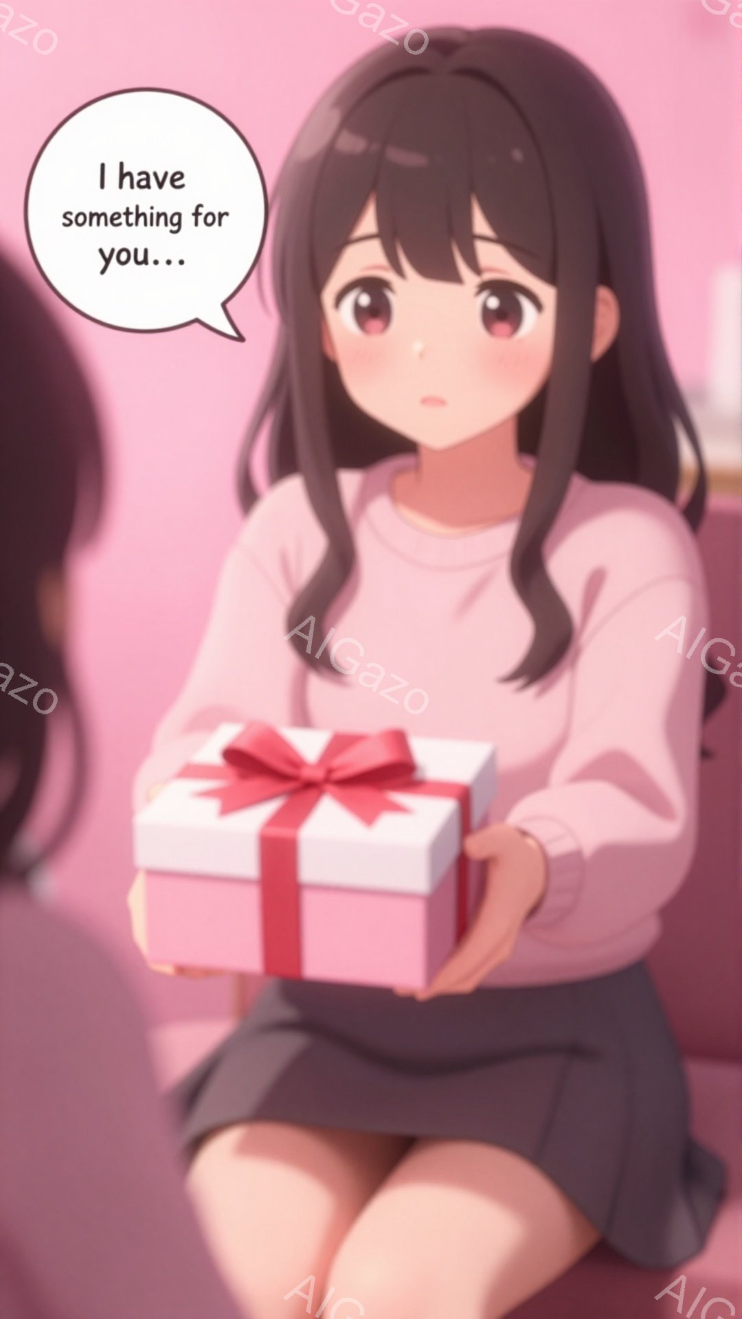 暗い髪の女性が、ピンクのリボンのかかった白いギフトボックスを両手で持っています。彼女は薄いピンク色のセーターと黒いスカートを着ており、少し恥ずかしそうな表情をしています。背景はぼやけており、柔らかく暖かい雰囲気を感じさせます。