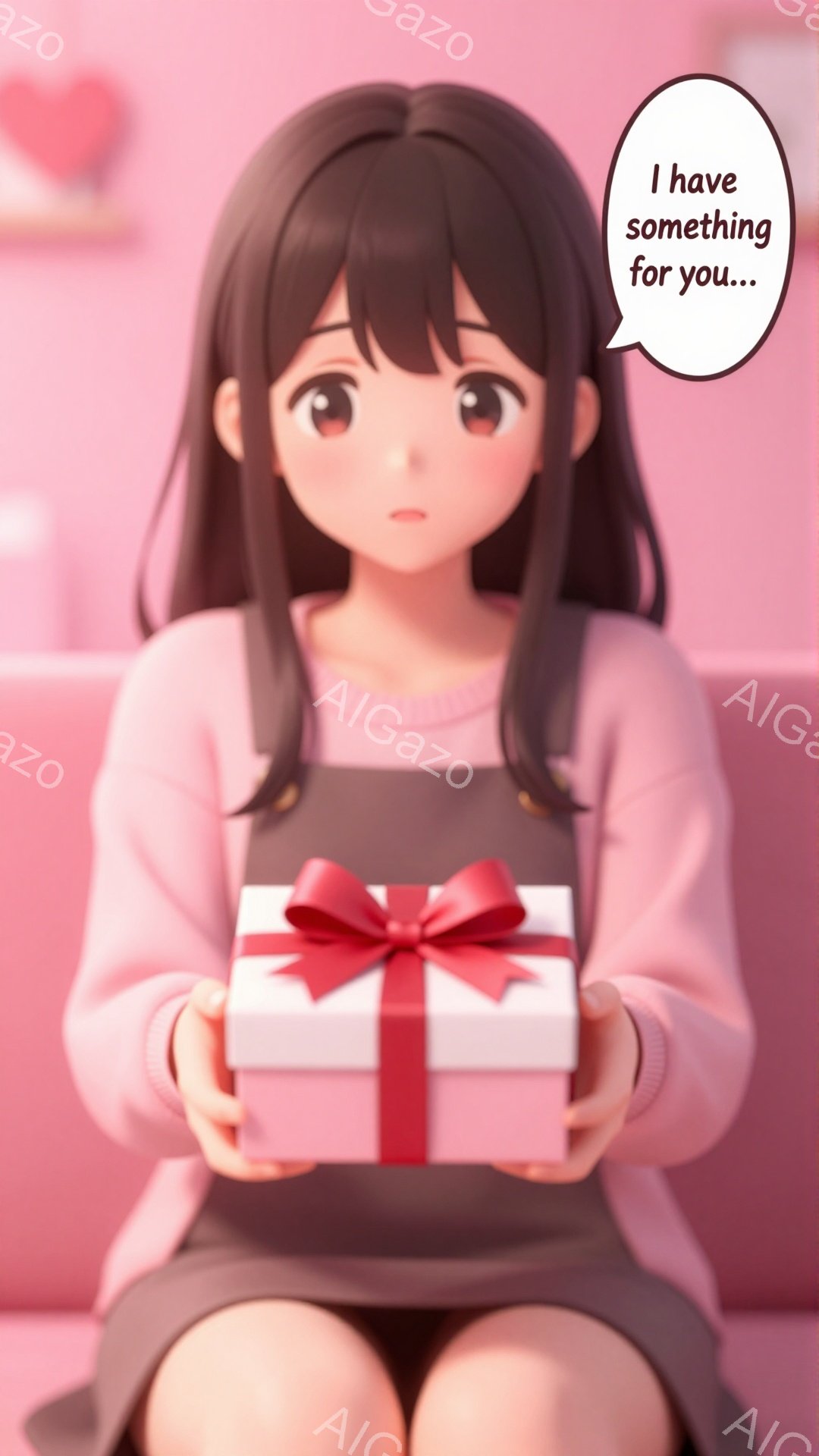 長い黒髪の女性が、ピンク色のリボンで飾られた小さなギフトボックスを両手で抱えています。彼女はピンク色のセーターとスカートを着用しており、少し恥ずかしそうな表情をしています。背景はぼやけたピンク色で、全体的に暖かく、甘い雰囲気を醸し出しています。