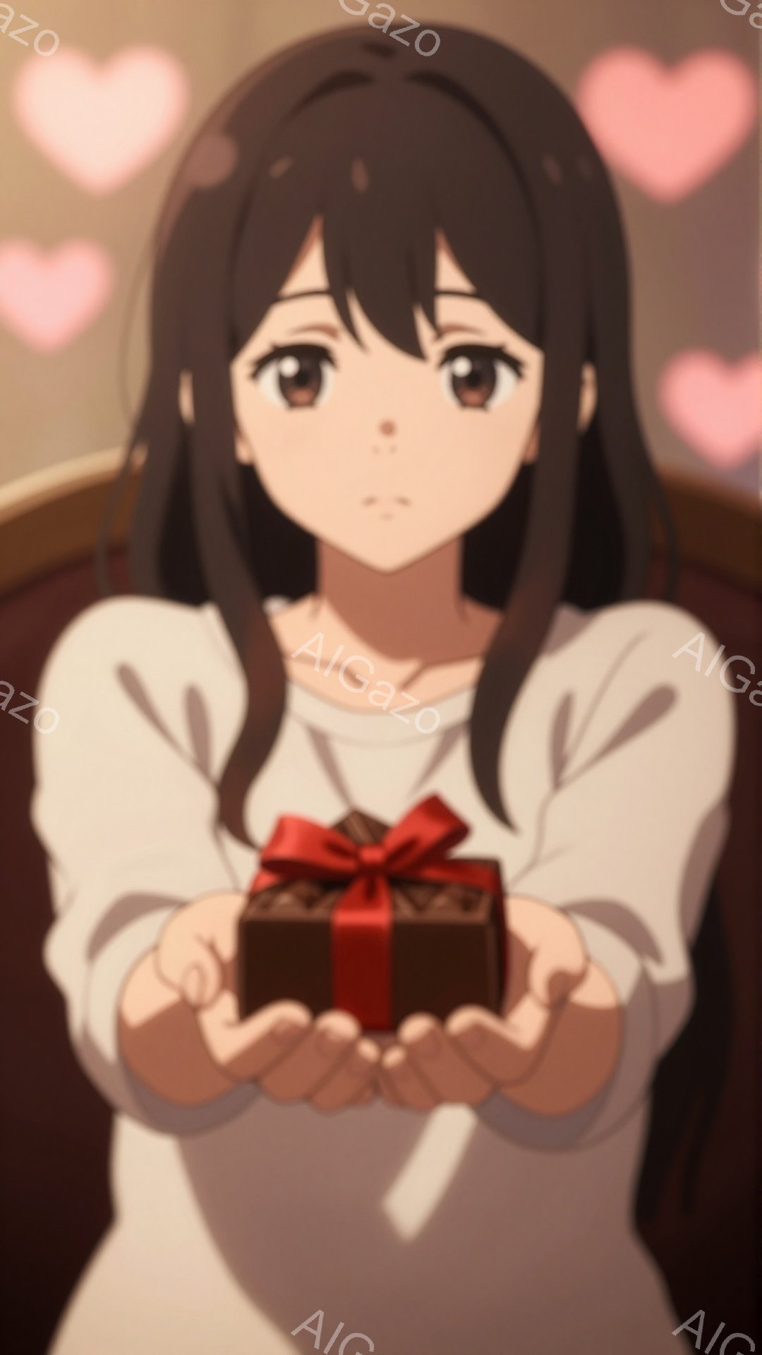 長い黒髪の女性が、両手に小さな茶色のギフトボックスを乗せて見つめています。白いセーターを着ており、優しい表情で少し恥ずかしそうな様子です。背景にはぼやけたハート型の光が浮かび、温かくロマンチックな雰囲 - AI生成フリー素材