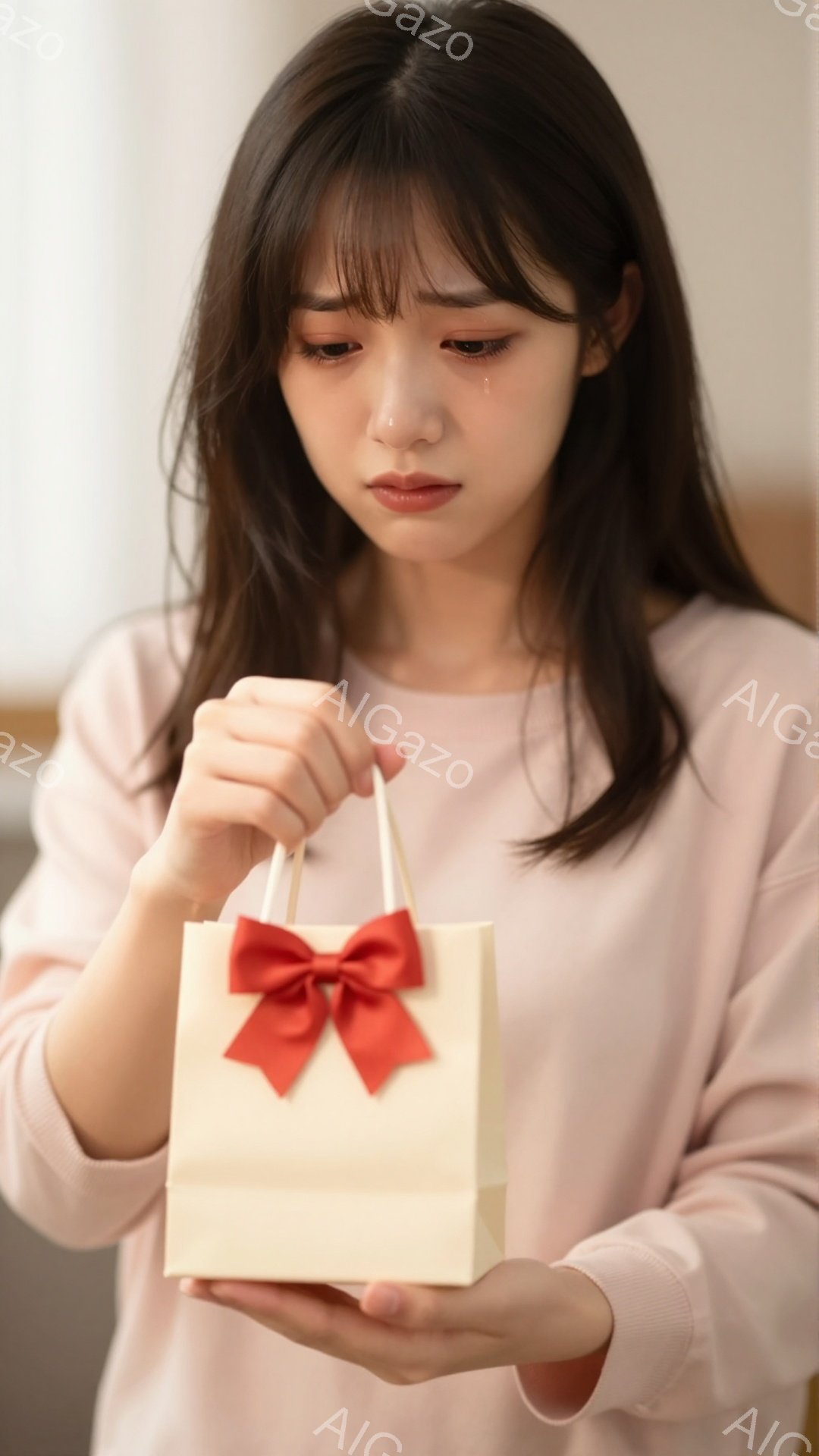 若い女性がクリーム色の小さなギフトバッグを持っています。彼女はストレートのダークヘアで、前髪が少し眉毛にかかっています。彼女の表情は少し悲しげで、不安そうにギフトバッグを見つめています。