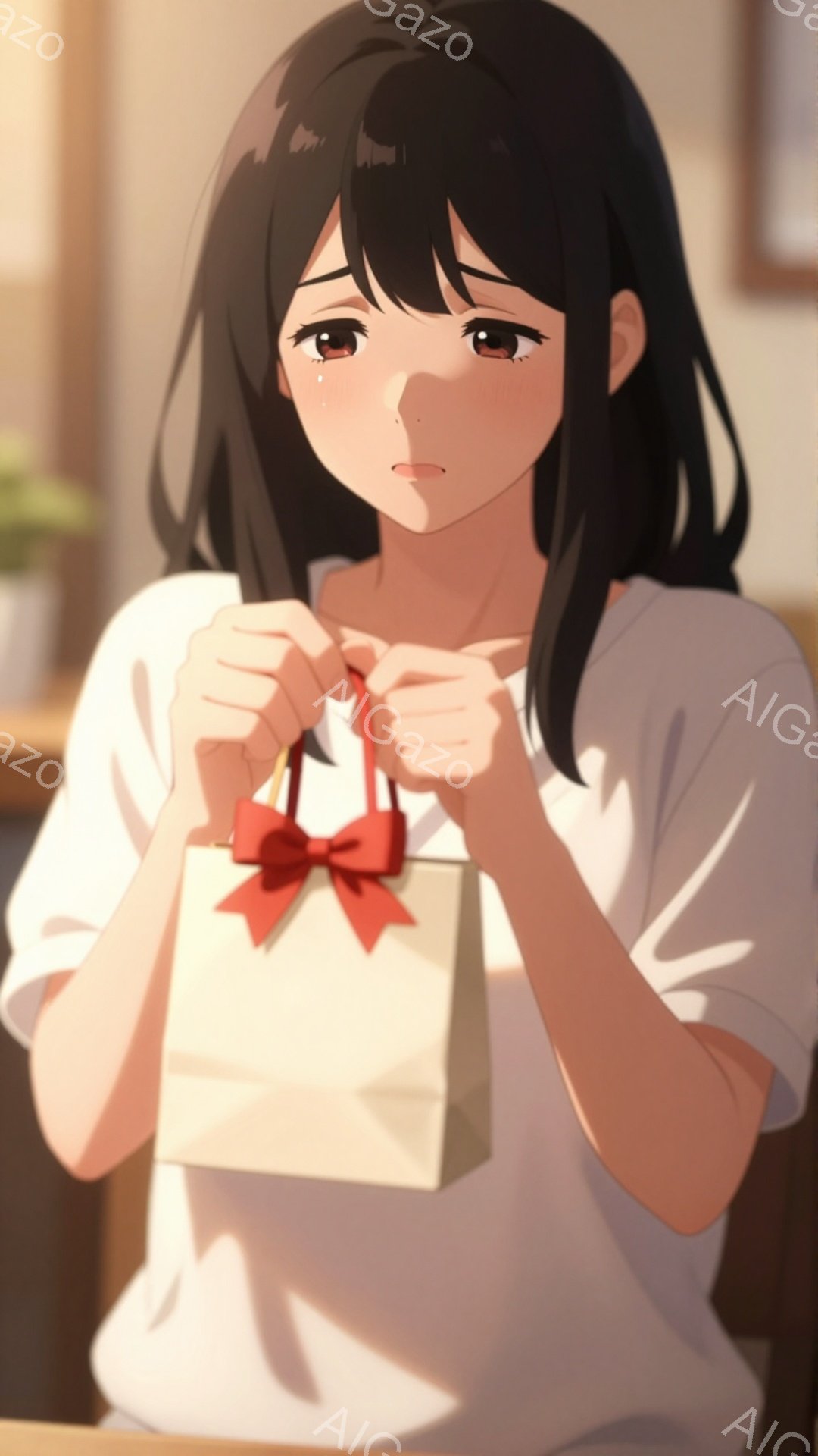 黒髪の女性が、赤いリボンが付いた紙袋を両手で抱えています。彼女は白いTシャツを着ており、少し憂いを帯びた表情をしています。背景にはぼやけた室内が写っており、暖かく穏やかな雰囲気が漂っています。