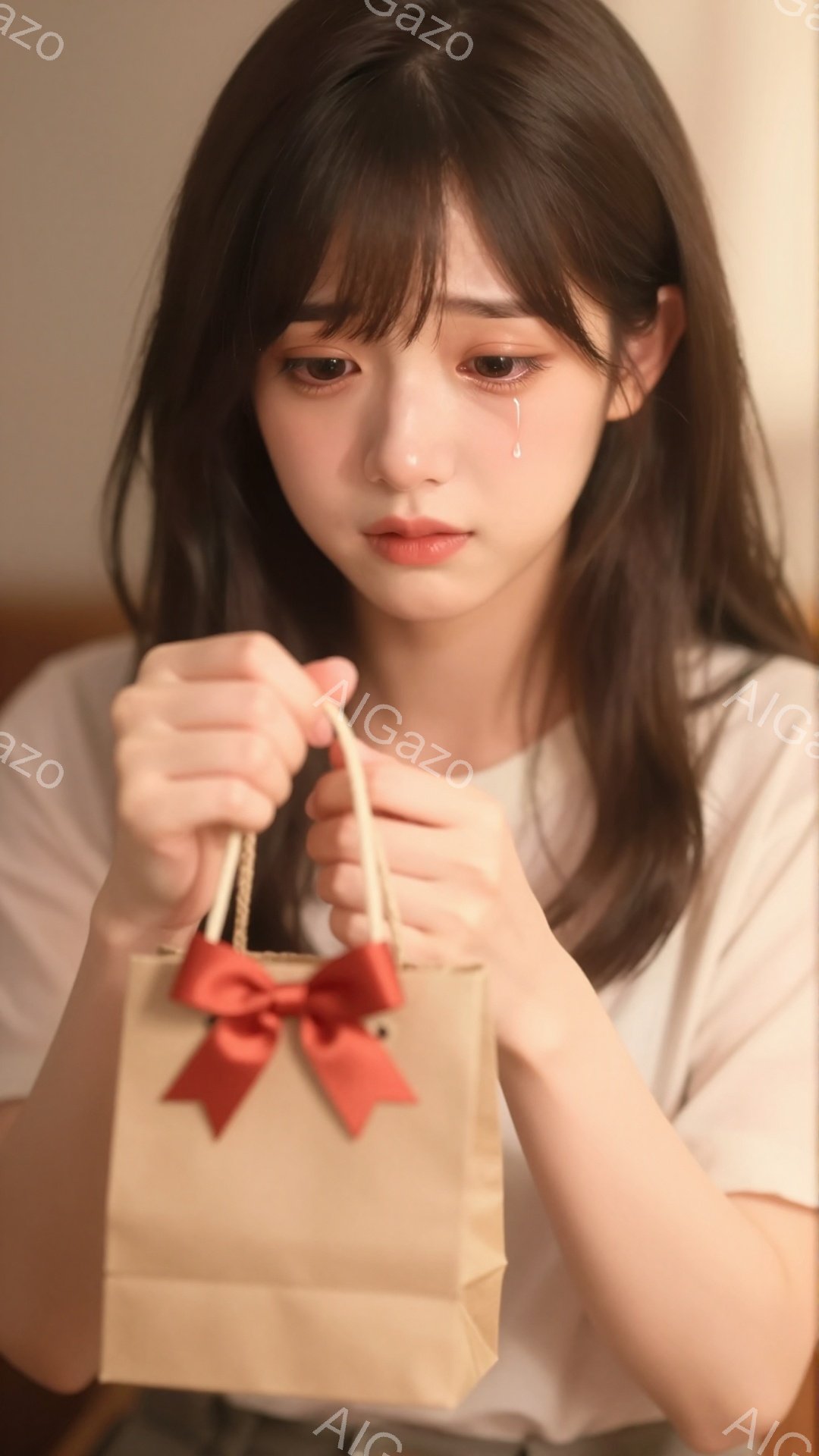 長い黒髪で前髪は眉毛にかかる程度にカットされた若い女性が写っています。白いTシャツを着ており、片手にベージュ色のリボンが付いたギフトバッグを持っていますが、目には涙が浮かび、悲しげな表情をしています。 - AI生成フリー素材