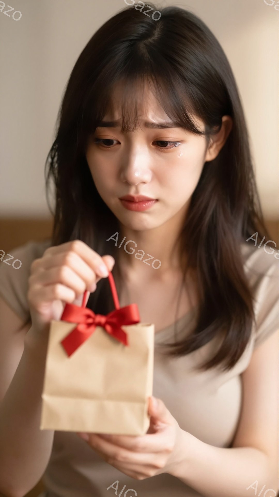 長いダークブラウンの髪を持つ若い女性が、茶色の小さなギフトバッグを持っています。彼女は薄いピンク色のトップスを着ており、少し悲しそうな、涙を浮かべた表情をしています。背景はぼやけていますが、室内である - AI生成フリー素材