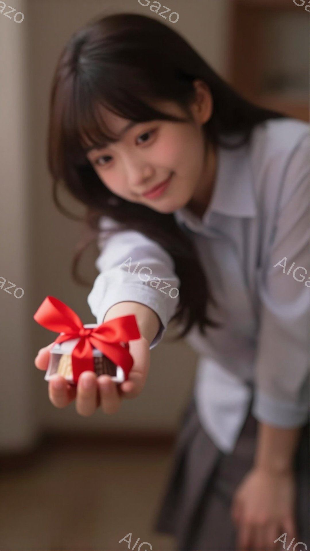 画像は、制服を着た若い女性が、赤いリボンで飾られた小さな赤い箱を前に差し出している様子を捉えています。彼女は明るい笑顔で、少し内気な表情を見せており、黒髪を長く伸ばし、前髪は眉毛にかかるようにしています。背景はぼやけていますが、室内であるように見え、暖かく親しみやすい雰囲気が漂っています。