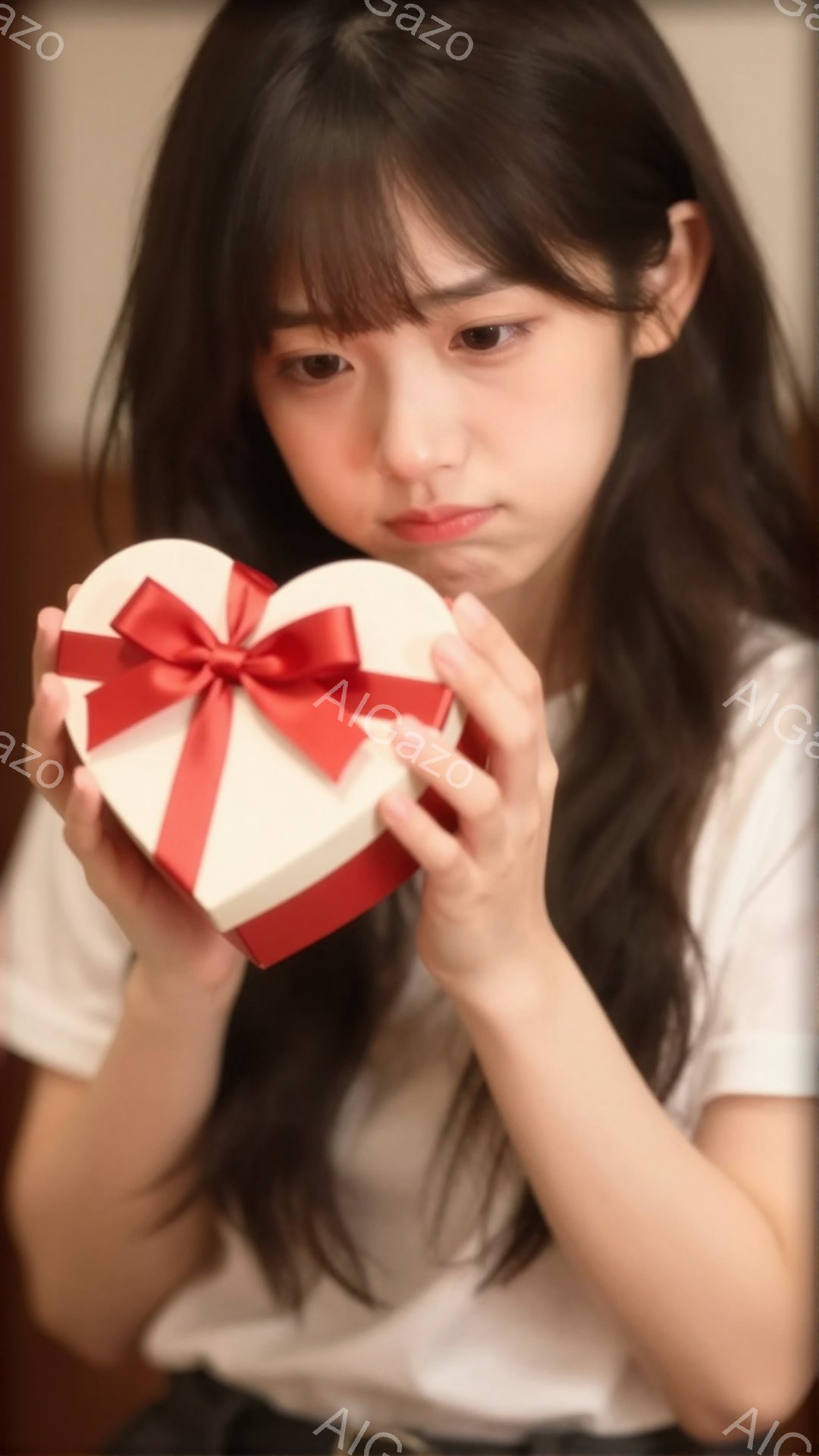 長いダークブラウンの髪をした若い女性が、白いハート型のギフトボックスを両手で抱えています。彼女は白いTシャツを着ており、少し困ったような表情をしています。背景はぼやけていますが、室内であることがわかり - AI生成フリー素材