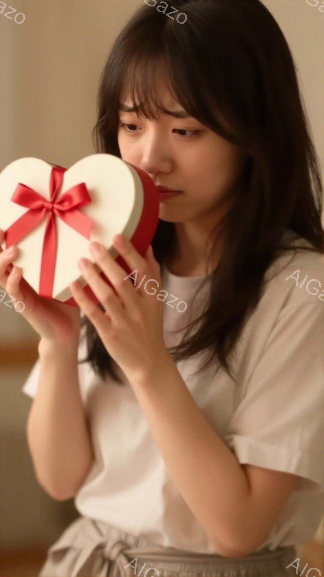 長い黒髪で、前髪が目にかかる女性が、白いハート型の箱を両手で抱えています。彼女は白いトップスを着ており、表情は穏やかで少し微笑んでいるようです。背景はぼやけていますが、室内であることがわかります。 - AI生成フリー素材