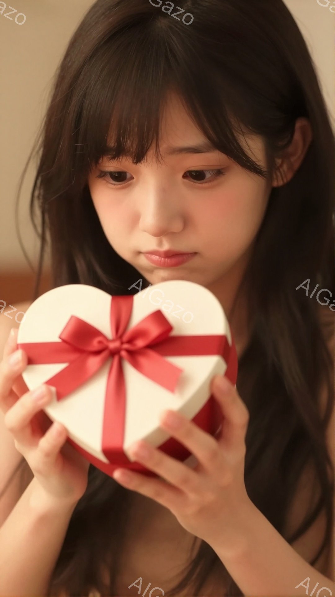 長い黒髪で、前髪が目の上にかかるようにカットされた若い女性が写っています。彼女は赤いリボンで飾られた白いハート型の箱を両手で抱え、やや緊張した表情をしています。背景はぼやけていますが、室内であるようで、箱に意識が集中している様子が伺えます。