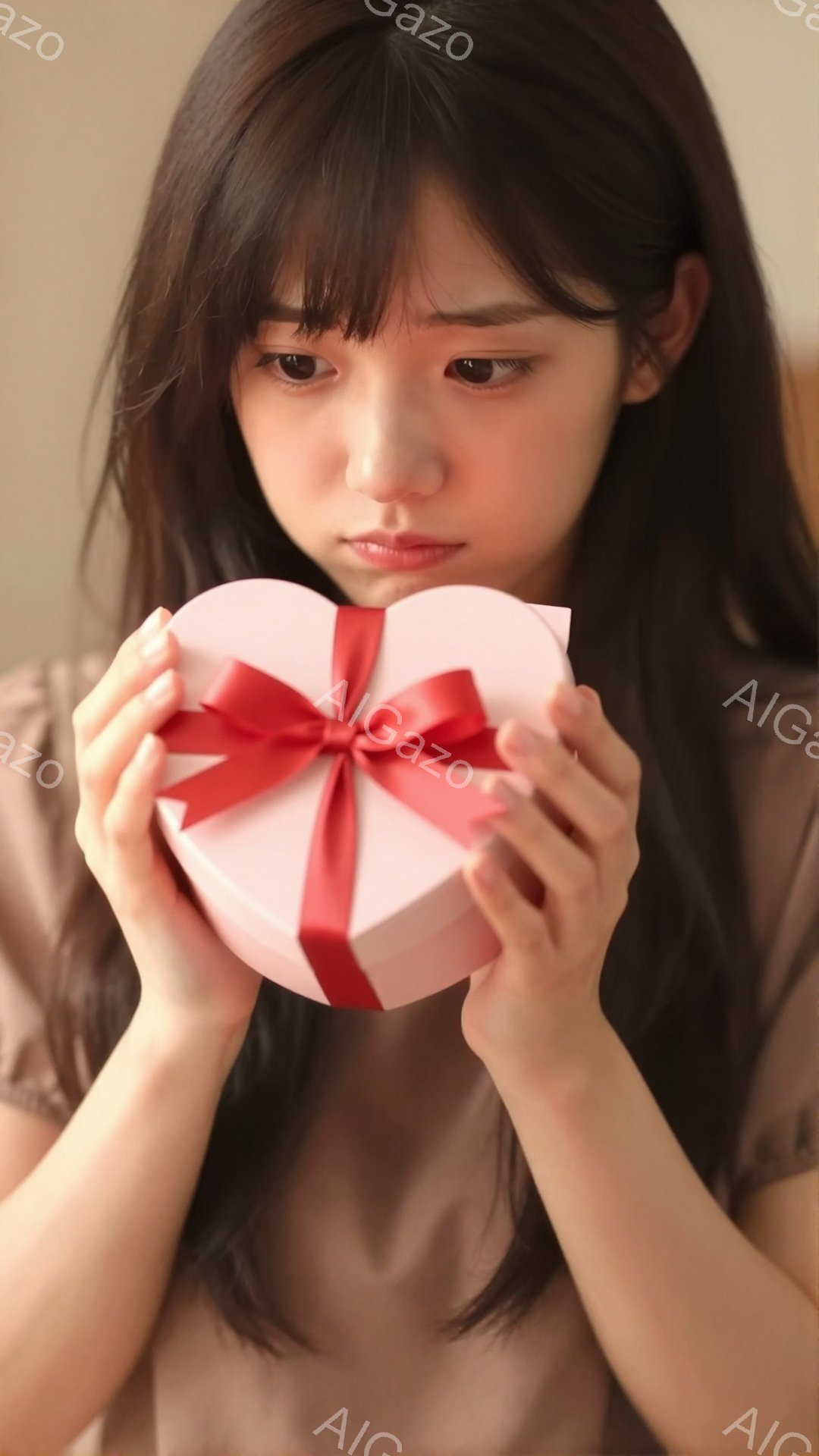 長い前髪とゆるいウェーブのかかった髪を持つ若い女性が、ハート型のピンク色のギフトボックスを両手で抱えています。彼女は落ち着いた表情で、薄いピンク色のブラウスを着ています。背景はぼやけていますが、室内で - AI生成フリー素材