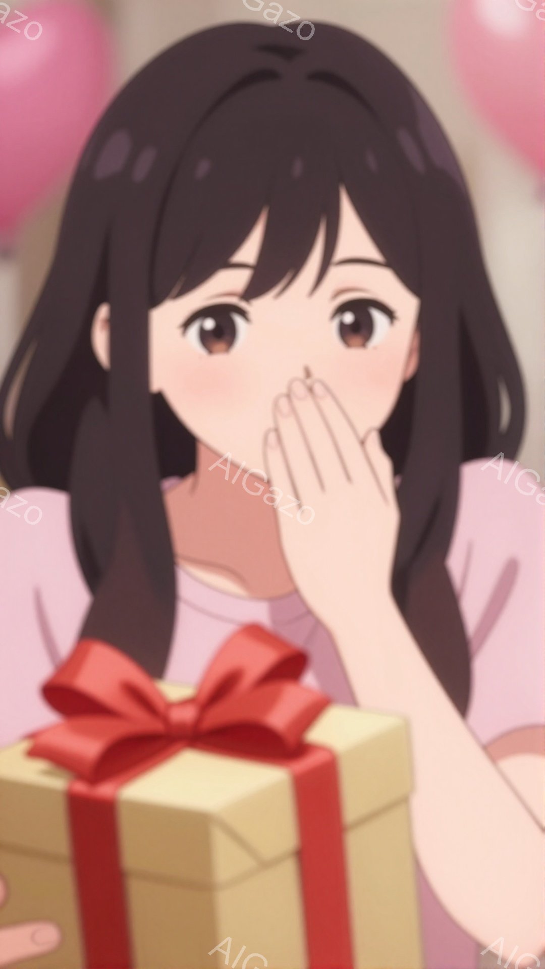 暗い茶色の髪の女性が、少し微笑みながら片手で口元を覆っています。彼女は薄いピンク色の服を着ており、目の前には赤いリボンで飾られたプレゼントの箱があります。背景にはぼやけたピンク色の風船が見え、全体的に温かく、少し照れくさい雰囲気が漂っています。