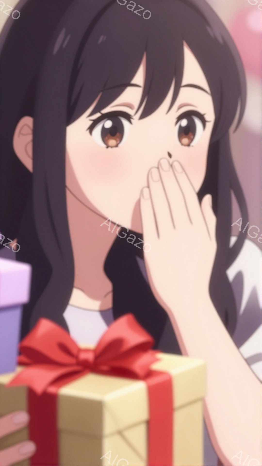 暗い髪の少女が描かれており、大きな茶色の瞳が印象的です。彼女は白い服を着ており、片手を口に当てて驚いたような表情をしています。前景には赤いリボンで飾られた黄色いギフトボックスがあり、彼女がプレゼントに驚いている様子が伺えます。
