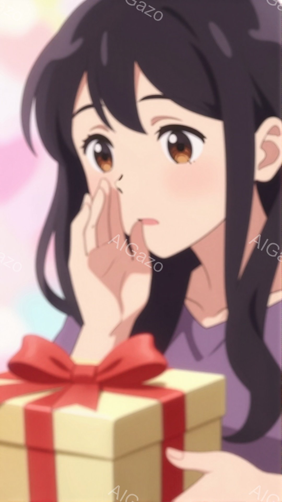 黒髪の女性が描かれており、紫色の服を着ています。彼女は驚いた表情で頬を触れており、目の前には赤いリボンで飾られたギフトボックスがあります。背景はぼやけており、ピンクと白の優しい色合いが、全体的に甘く、 - AI生成フリー素材