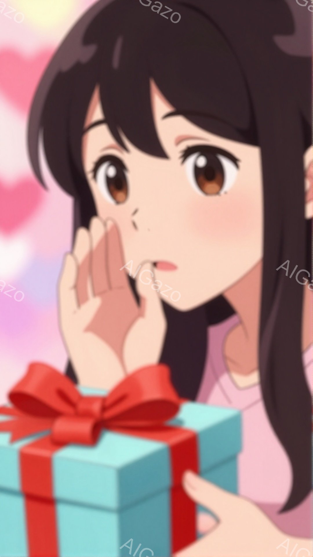 少女はピンク色の服を着ており、黒髪で前髪が目に少しかかっています。彼女は水色のリボンがついたプレゼントの箱を両手で抱え、驚いたような表情で指を口に当てています。背景にはぼやけたハートが描かれており、全体的に甘く、優しい雰囲気です。