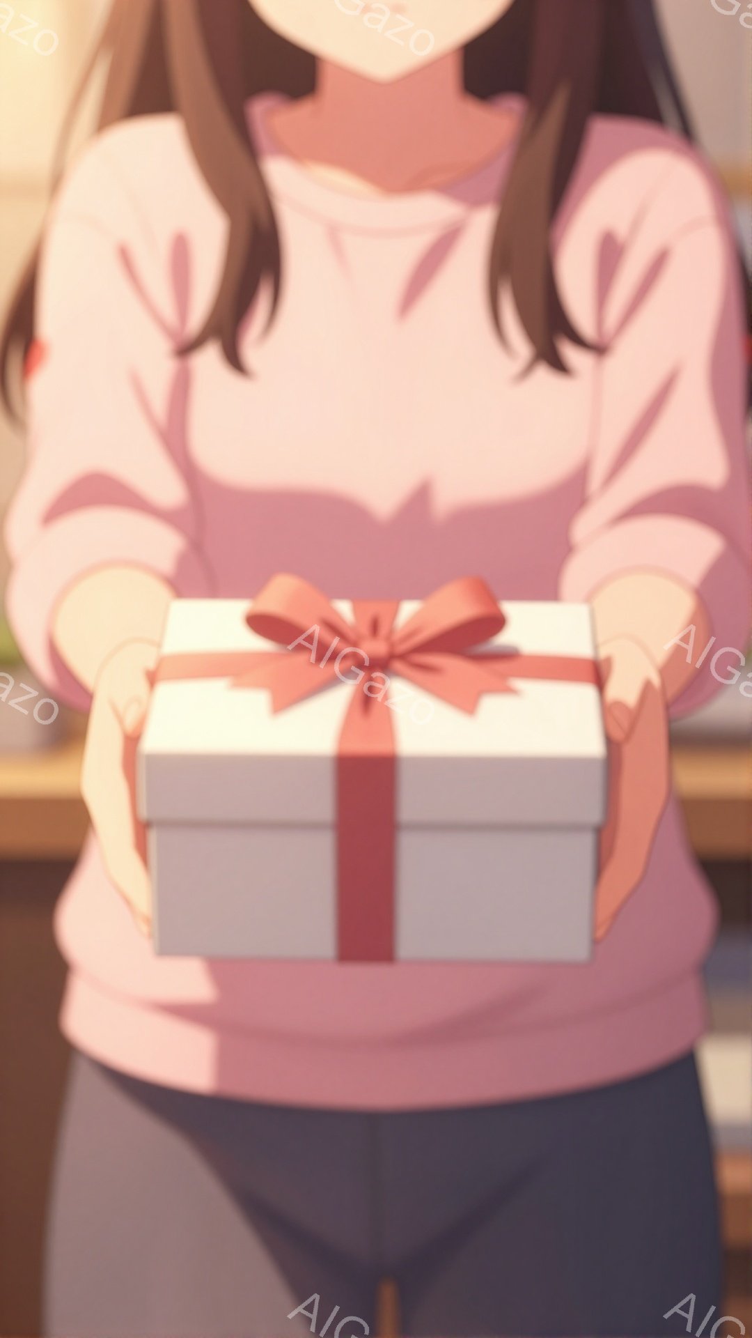 明るいピンク色のセーターを着た女性が、両手で白いリボンで飾られた白い箱を正面に向けて提示しています。彼女は肩から上しか見えていませんが、暗い髪が肩にかかっています。背景はぼやけており、箱が焦点の中心となっています。