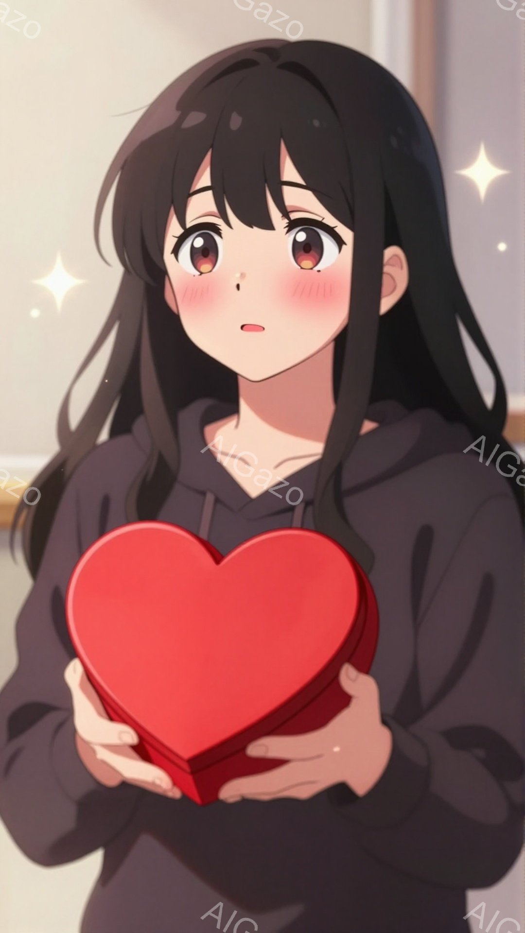 黒髪の少女が赤いハート型の箱を両手で抱えています。彼女は黒いパーカーを着ており、少し照れたような表情をしています。背景はぼやけていますが、部屋の一部が見え、全体的に柔らかく温かい雰囲気です。