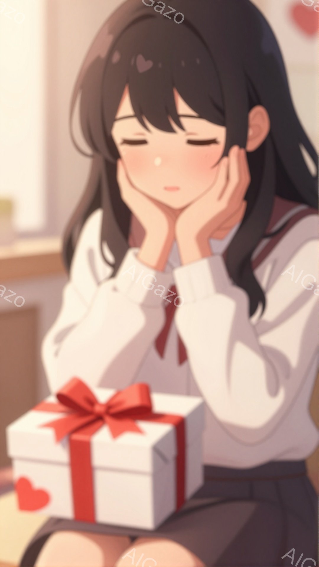 黒髪の少女が白いセーラー服を着て、頬に手を当てて微笑んでいます。彼女の前には赤いリボンで飾られた白いギフトボックスがあり、周りには小さなハートのモチーフが散りばめられています。背景はぼやけていますが、 - AI生成フリー素材