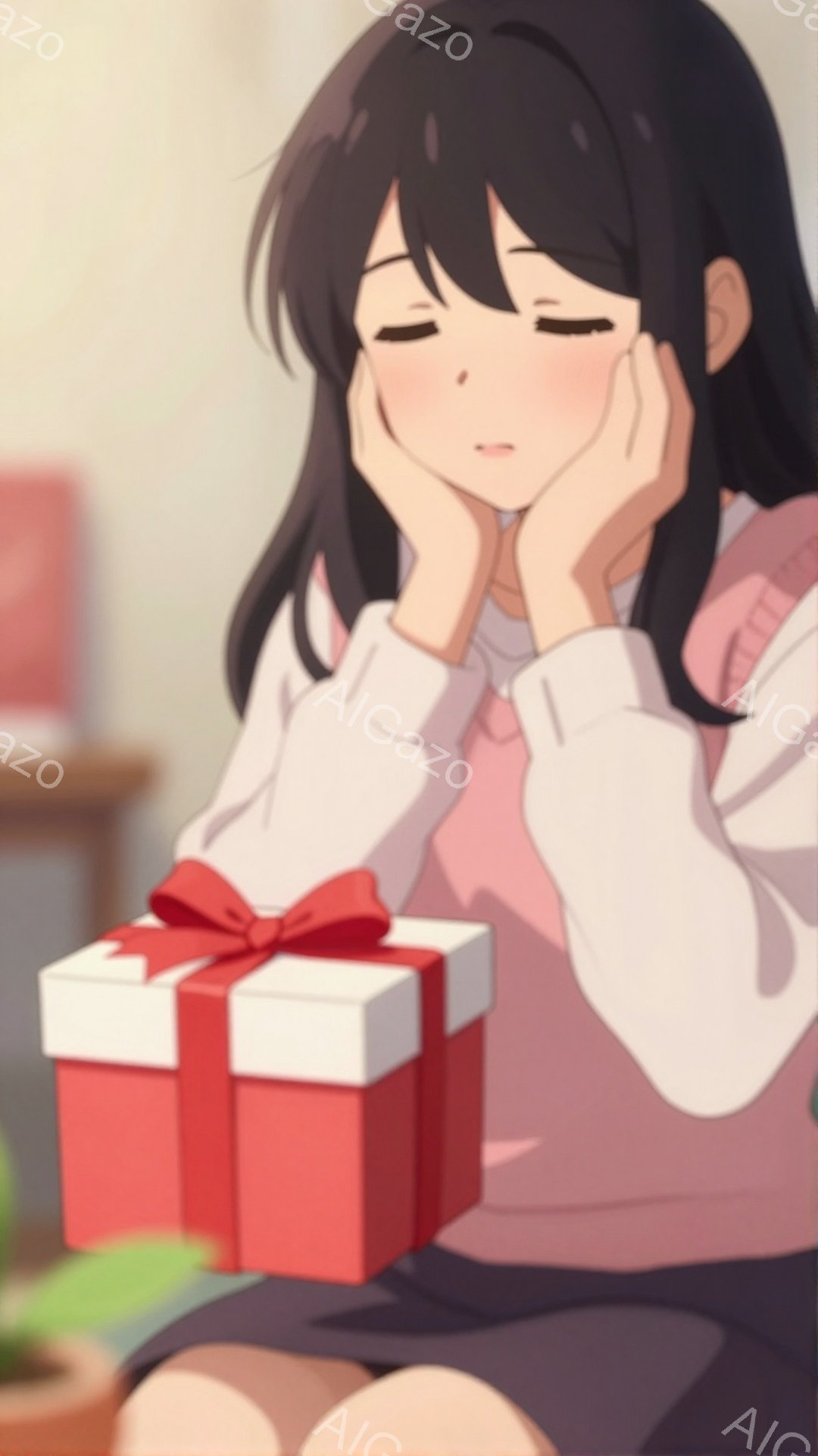 黒髪の少女がピンク色のセーターを着て、頬を支えながらプレゼントの箱を見つめている。プレゼントは赤い包装紙でリボンが結ばれており、少女はやや微笑み、幸せそうな表情をしている。背景には家具が見え、全体的に温かく、優しい雰囲気のイラストである。