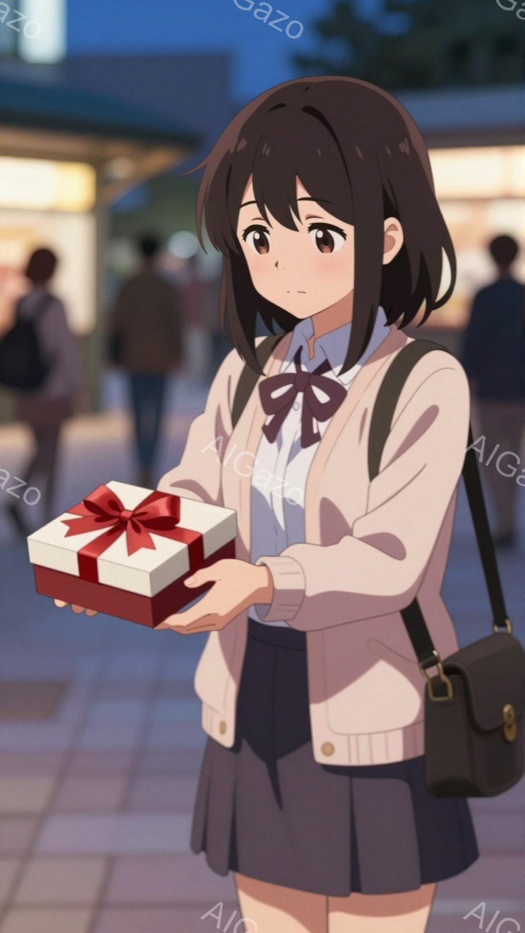 茶髪の少女が、赤いリボンで飾られた白い箱を両手で大切そうに持っています。彼女は白いシャツにカーディガン、紺色のスカート、そして肩から斜めがけにした黒いバッグという制服を着ており、少し微笑んだ優しい表情をしています。背景にはぼやけた建物や人影が見え、夕暮れ時の落ち着いた雰囲気が漂っています。