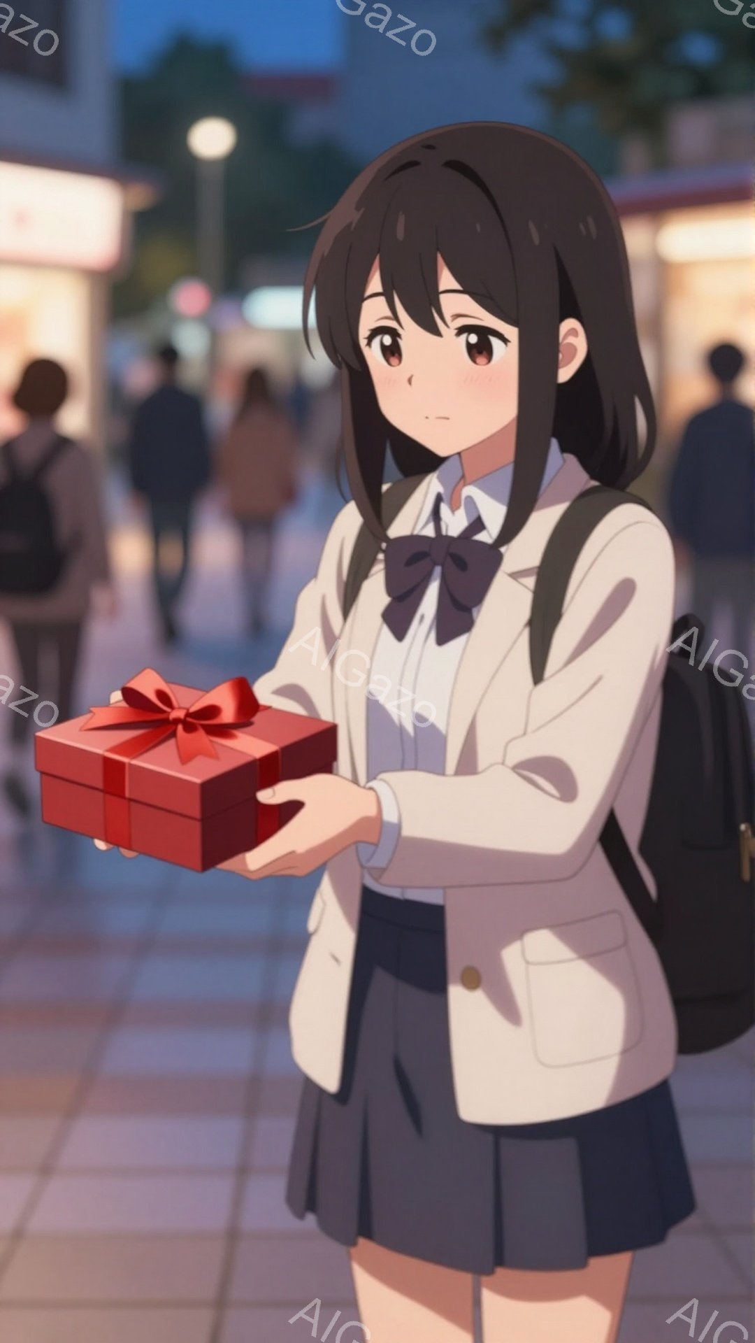 画像は、紺色のリボンと白いシャツを着た女子学生が、赤いリボンで飾られた赤い箱を両手で持っている様子を描いています。彼女は黒髪で、少し微笑んでおり、背景には薄暗い街並みが広がっています。全体的に、贈り物を受け取った喜びや期待を感じさせる、暖かく優しい雰囲気です。
