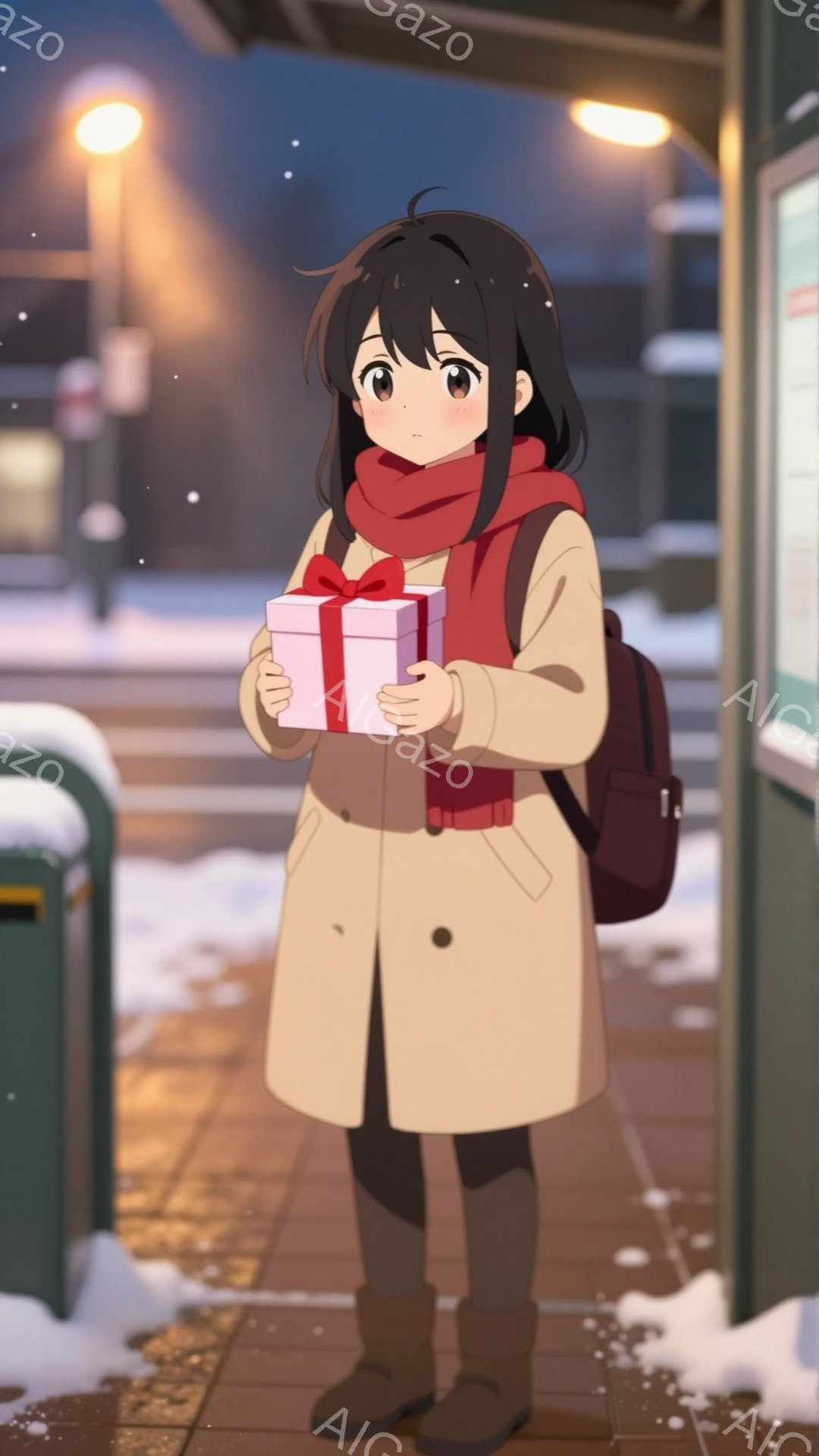 画像は、茶色の髪を肩まで伸ばした若い女性が描かれています。彼女はベージュ色のコート、赤いマフラー、黒いズボン、茶色のブーツを着ており、両手に赤いリボンで飾られた贈り物を持っています。背景は夜の街並みで - AI生成フリー素材