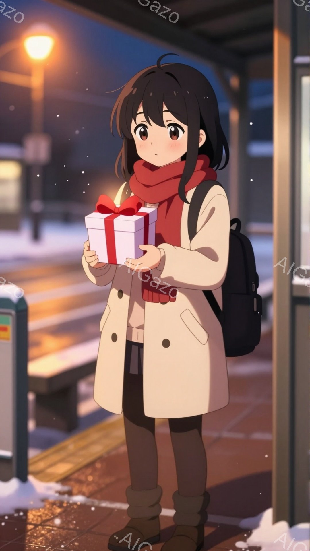 黒髪のショートヘアの女性が、白いコートと赤いマフラーを身につけ、プレゼントの箱を両手で抱えています。彼女はダークブラウンのズボンとブーツを履き、黒いリュックサックを背負っています。背景は夜の街並みで、雪が舞い散り、暖色系の街灯が温かい雰囲気を醸し出しています。