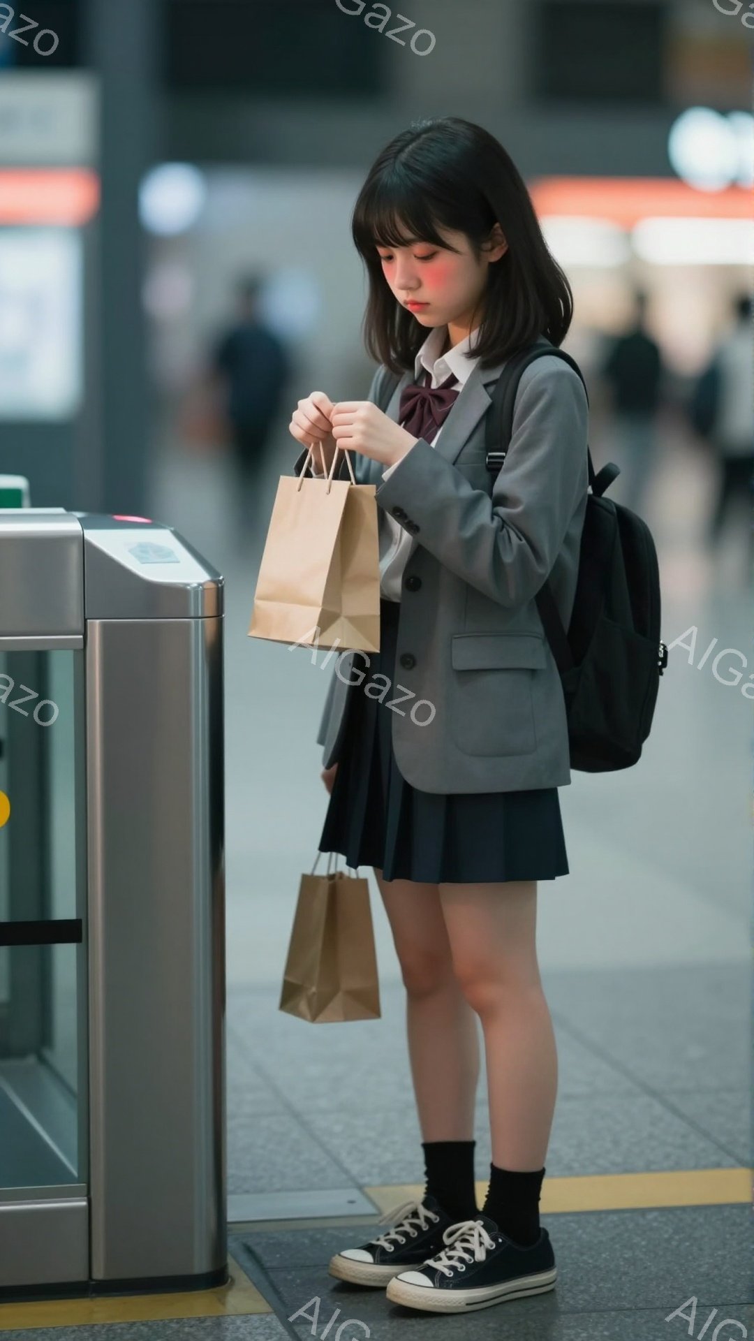 制服を着た若い女性が、改札の前で紙袋を2つ持っています。彼女は黒髪のショートボブで、少しうつむき加減で何かを確認しているようです。背景は駅の様子で、グレーの改札機や他の乗客がぼやけて見え、全体的に少し寂しげな雰囲気が漂っています。