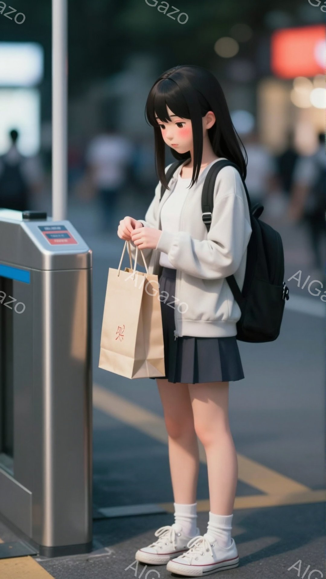 画像には、制服を着た少女が描かれています。彼女はセーラー服にスカート、白い靴下とスニーカーを履いており、肩にはリュックサックを背負っています。手には茶色の紙袋を持って、自動改札機の前に立っており、やや物憂げな表情を浮かべています。