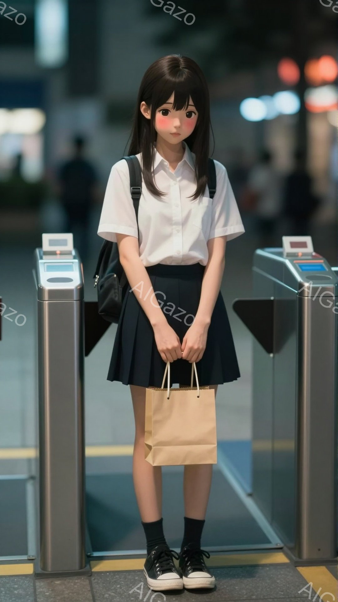 画像には、紺色のスカートと白いブラウス、黒い靴下とスニーカーを身に着けた若い女性が立っています。彼女は茶色の紙袋を両手に持ち、少し緊張した表情で正面を見つめています。背景は駅の改札口で、自動改札機とぼやけた人々が確認でき、全体的に少し寂しげで日常的な雰囲気が漂っています。
