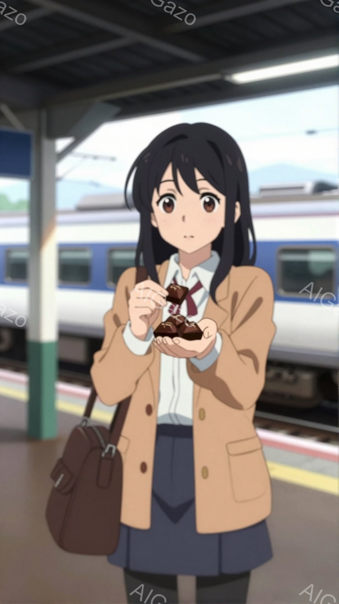 黒髪の少女がベージュ色のジャケットと白いシャツ、紺色のスカート、黒い靴下を履いて立っている。彼女は片手にチョコレートを握り、少し微笑んでいるように見える。背景には鉄道の駅と列車があり、ややぼやけた風景が広がっている。