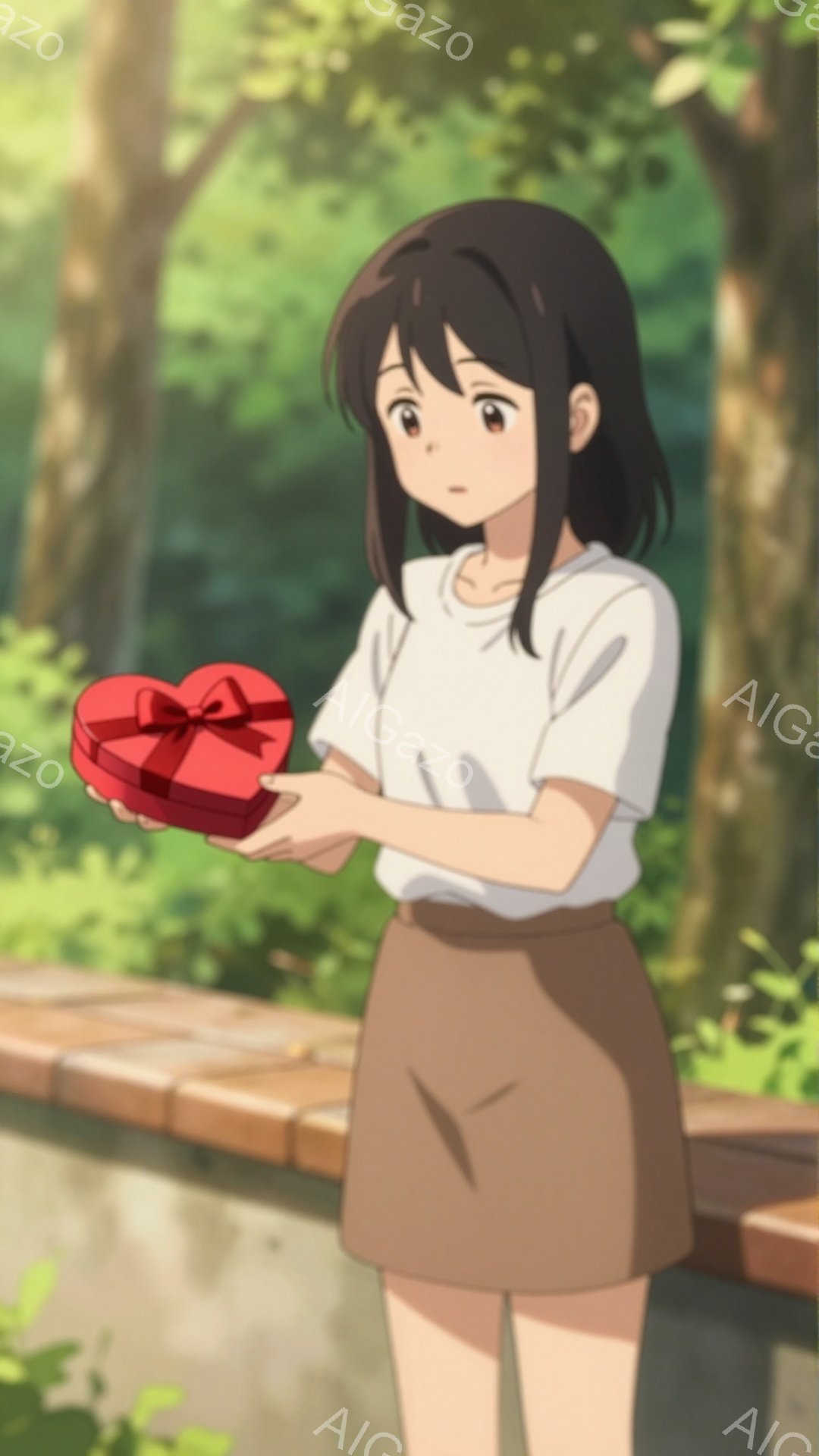 ショートヘアの少女が赤いハート型の箱を両手で持っている。白いTシャツと茶色のスカートを身につけ、少し困ったような表情をしている。背景には緑豊かな木々とレンガ造りの道があり、全体的に穏やかで優しい雰囲気である。