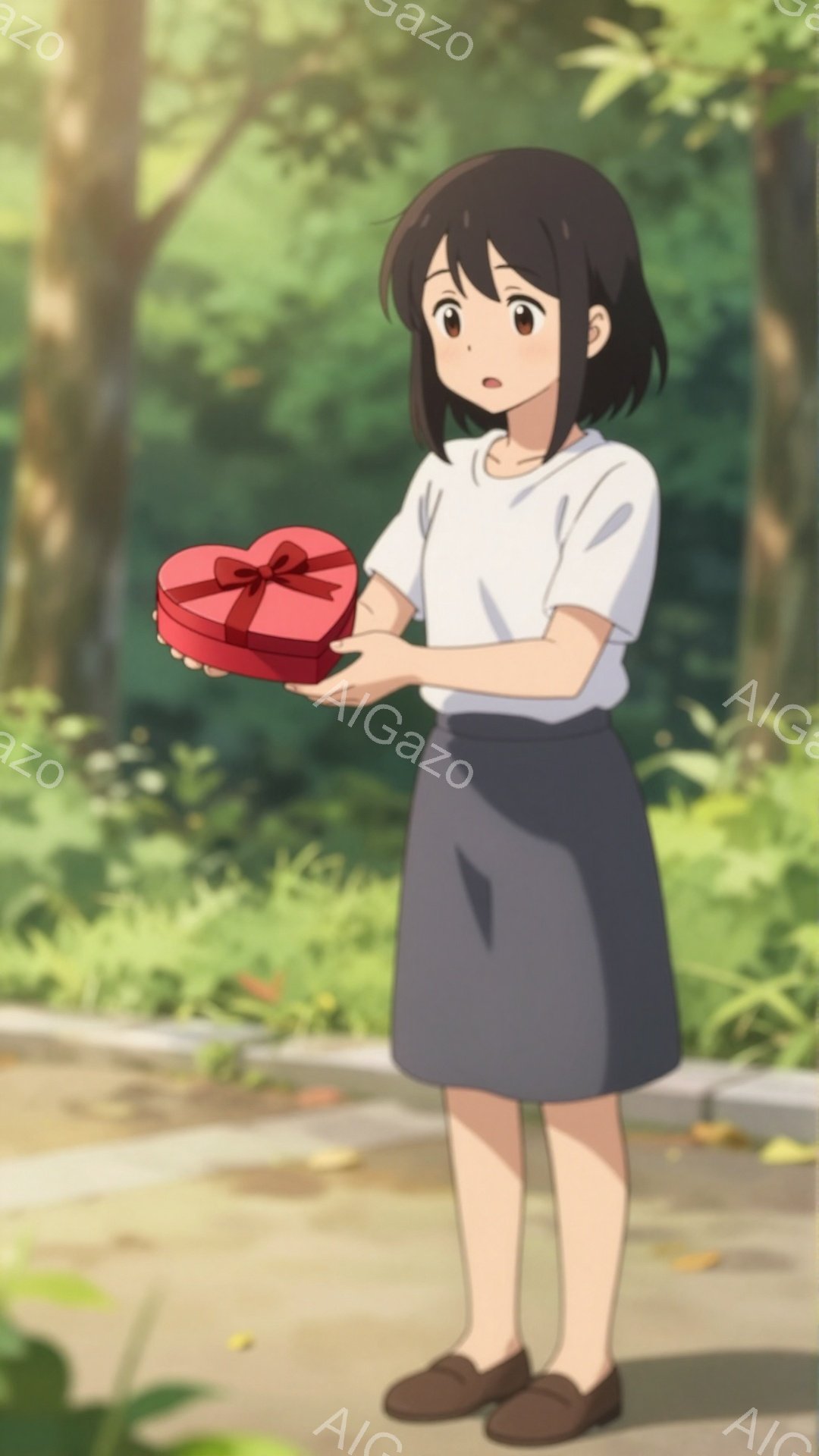 ショートカットの少女が、赤いリボンがついた赤い箱を両手で抱えています。彼女は白いシャツと膝丈のグレーのスカートを着ており、茶色の靴を履いています。背景には緑豊かな木々や植物があり、明るい晴れた日の穏やかな雰囲気が漂っています。