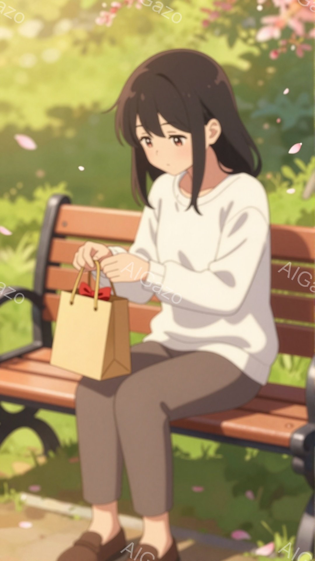 茶髪の女性が公園のベンチに座っており、ベージュ色のショッピングバッグを膝の上に置いています。彼女は灰色のパンツと白いセーターを着ており、少し憂いのある表情をしています。背景には緑豊かな木々と、散りゆく桜の花びらが確認でき、穏やかで少し寂しげな雰囲気が漂っています。