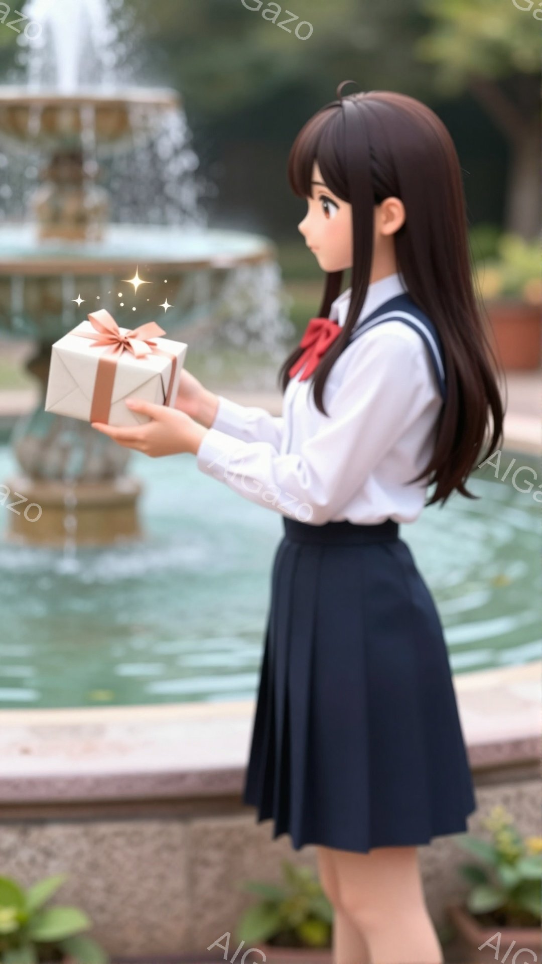 深い青色のプリーツスカートと白いシャツを着た少女が、小さなギフトボックスを手前に差し出している。彼女は長い黒髪で、赤いリボンが首元に結ばれている。背景には石造りの噴水があり、緑豊かな植物が生い茂ってい - AI生成フリー素材