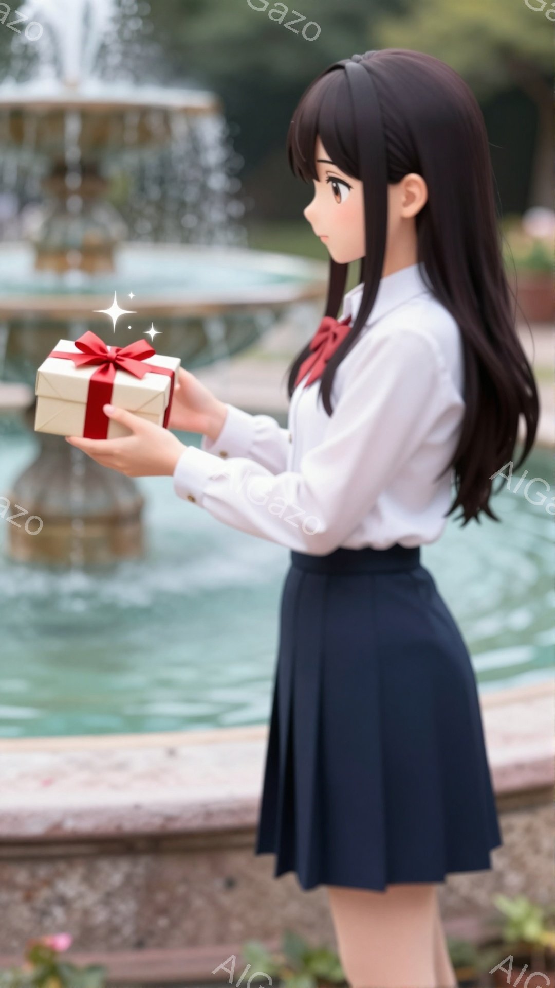 黒髪の少女が、紺色のプリーツスカートと白いシャツの制服を着て、小さな赤いリボンをつけたギフトボックスを両手で差し出している。背景には石造りの噴水があり、周囲は緑豊かな自然に囲まれている。 全体的に、明 - AI生成フリー素材