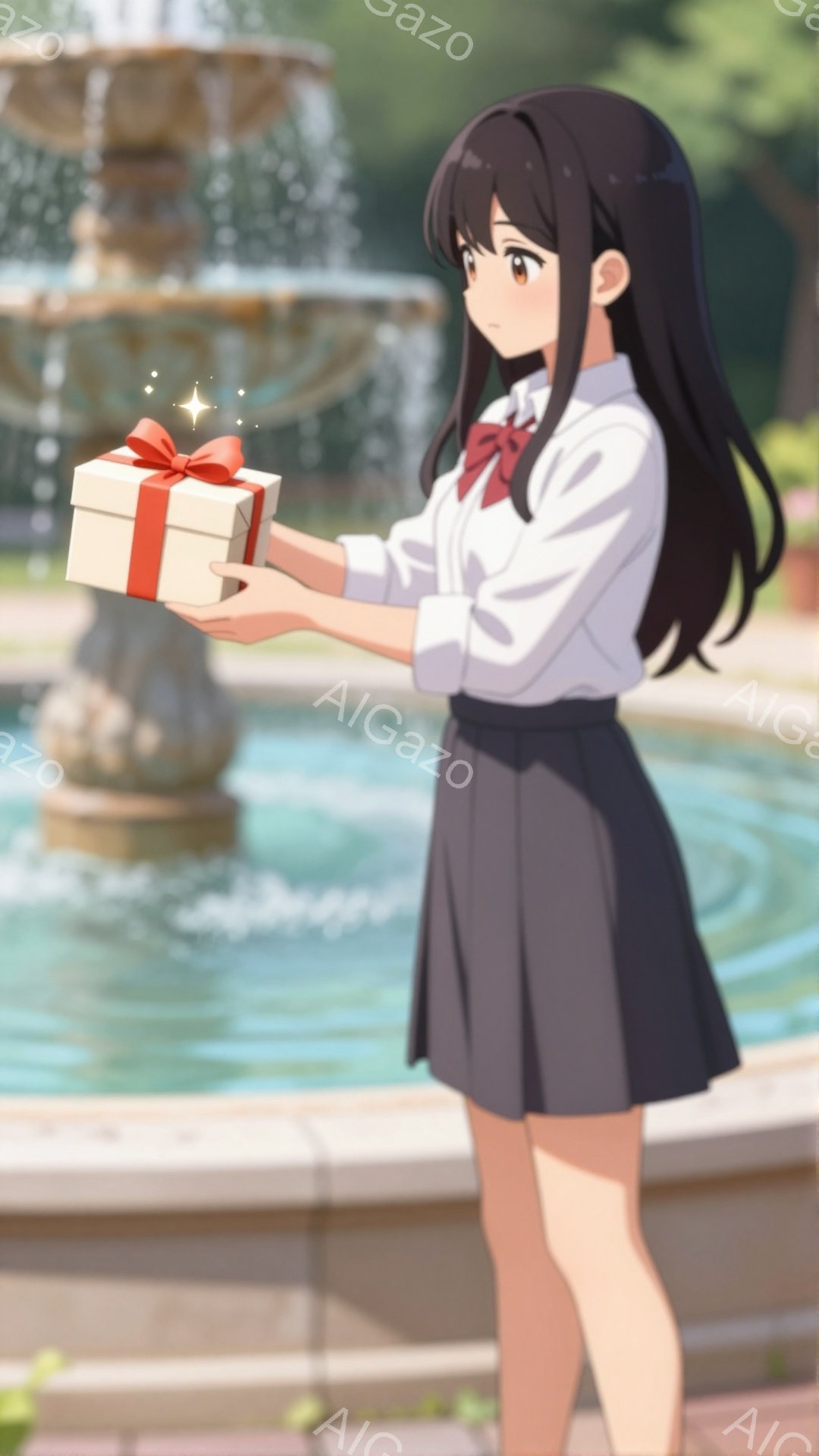黒髪でつややかな少女が、ラッピングされた小さな箱を両手で差し出しています。彼女は白いブラウスに黒のプリーツスカート、赤いリボンをつけており、姿勢も良く、どこか上品な印象です。背景には水が流れる噴水があり、周囲は緑豊かな自然に囲まれ、穏やかで優しい雰囲気を醸し出しています。